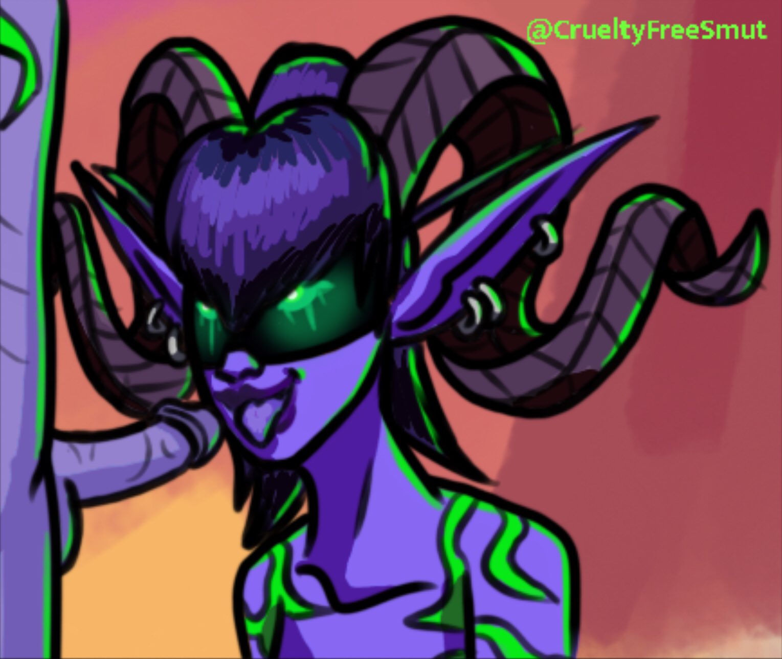 1boy 1girls 2020 alliance_(warcraft) alternate_version_available aranna_starseeker ashes_of_outland blizzard_entertainment crueltyfreesmut demon_hunter ear_piercing earrings elf elf_ears glowing_eyes green_eyes hearthstone horns illidan_stormrage illidari looking_up night_elf night_elf_demon_hunter open_mouth penis pierced_ears piercing pointy_ears purple_hair purple_skin smile tattoo tongue tongue_out twitter_username warcraft