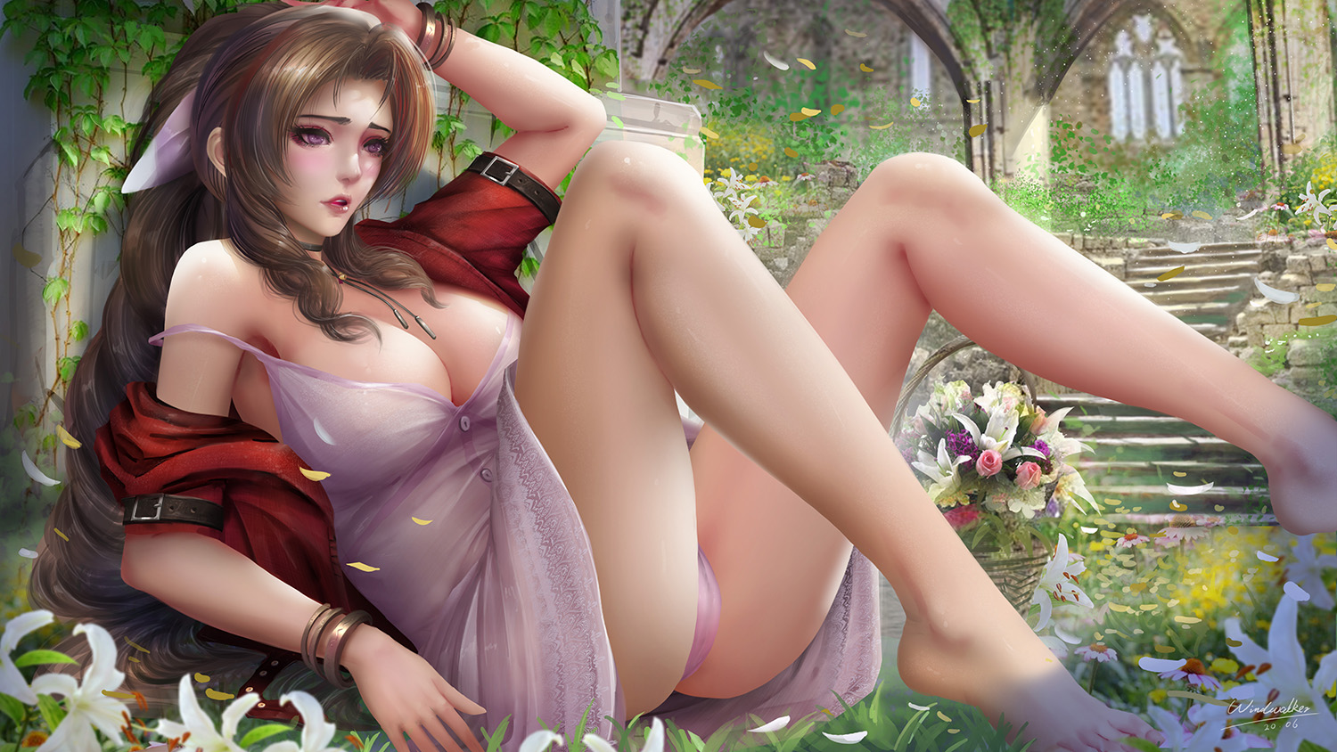 1girls, aerith gainsborough, barefoot, big breasts, breasts, cleavage, female, female only, final fantasy, final fantasy vii, large breasts, panties, solo, windwalker
