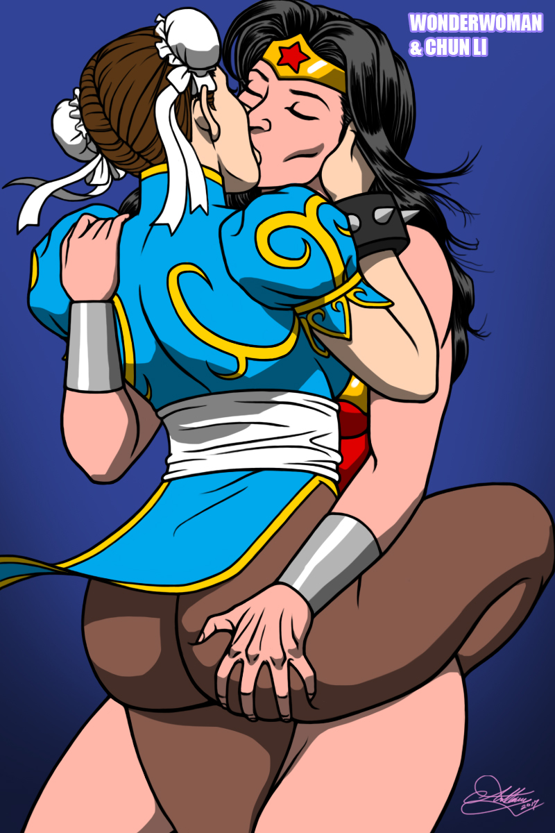 2girls ass ass_grab capcom chun-li closed_eyes crossover dat_ass dc dc_comics diana_prince eastern_and_western_character female female/female female_only interracial interracial_yuri kaywest kissing leg_grab lesbian multiple_girls pantyhose street_fighter tights wonder_woman wonder_woman_(series) yuri