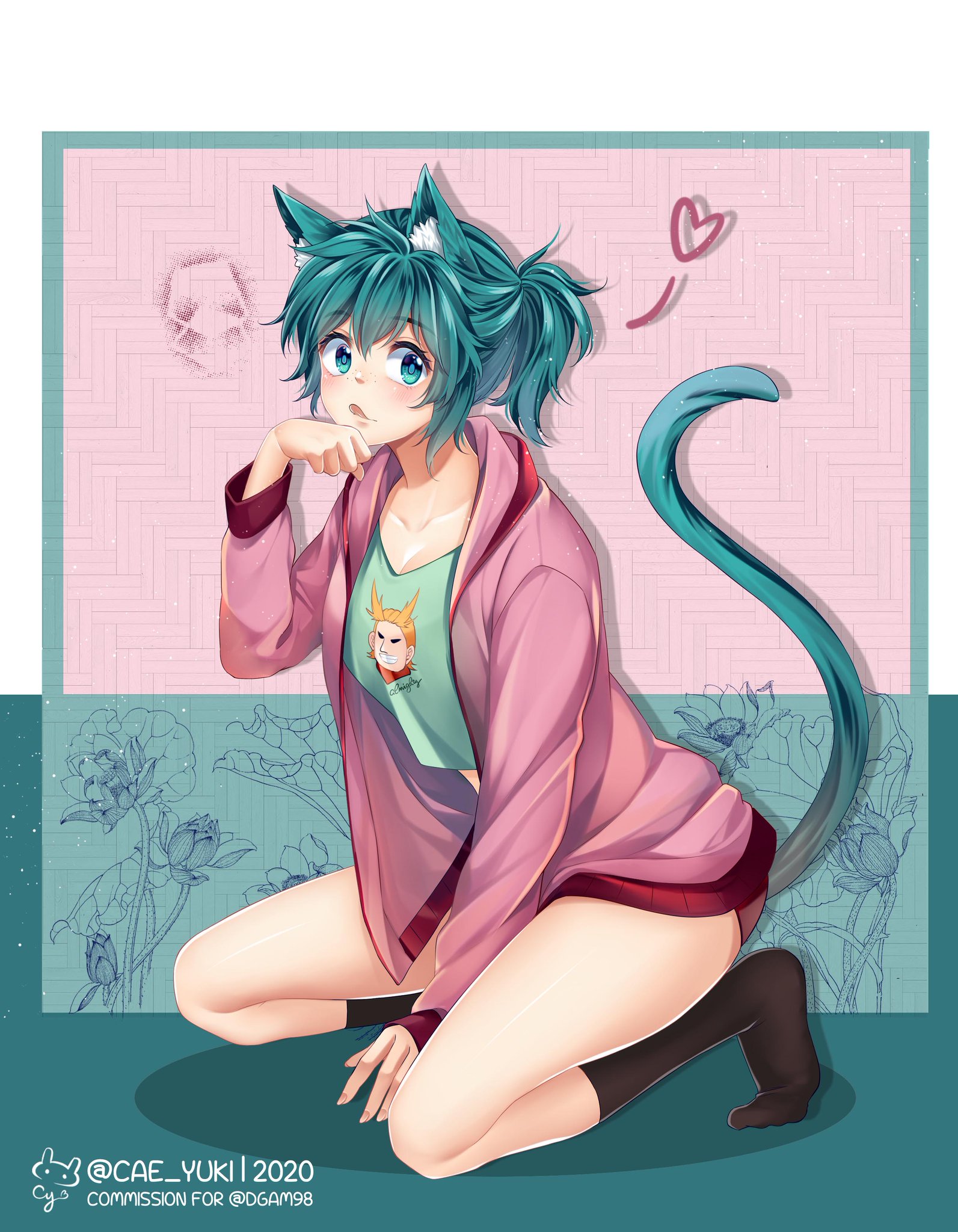1girls, 2020, 2d, background, bare thighs, blush, caecilia angelina, cat ears, cat girl, cat tail, catgirl, color, colored, commission, commissioner upload, cute, detailed background, female, female deku, genderswap, genderswap (mtf), green eyes, green hair, green shirt, heroine, hi res, highres, izuku midoriya, jacket, leggings, my hero academia, no pants, pink jacket, rule 63, solo, thick thighs, thighs, tongue, white skin, wide hips