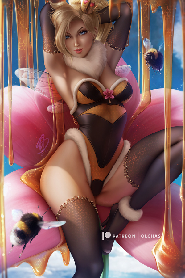 1girls, breasts, cleavage, female, female only, looking at viewer, mercy, olchas, overwatch, solo, spread legs