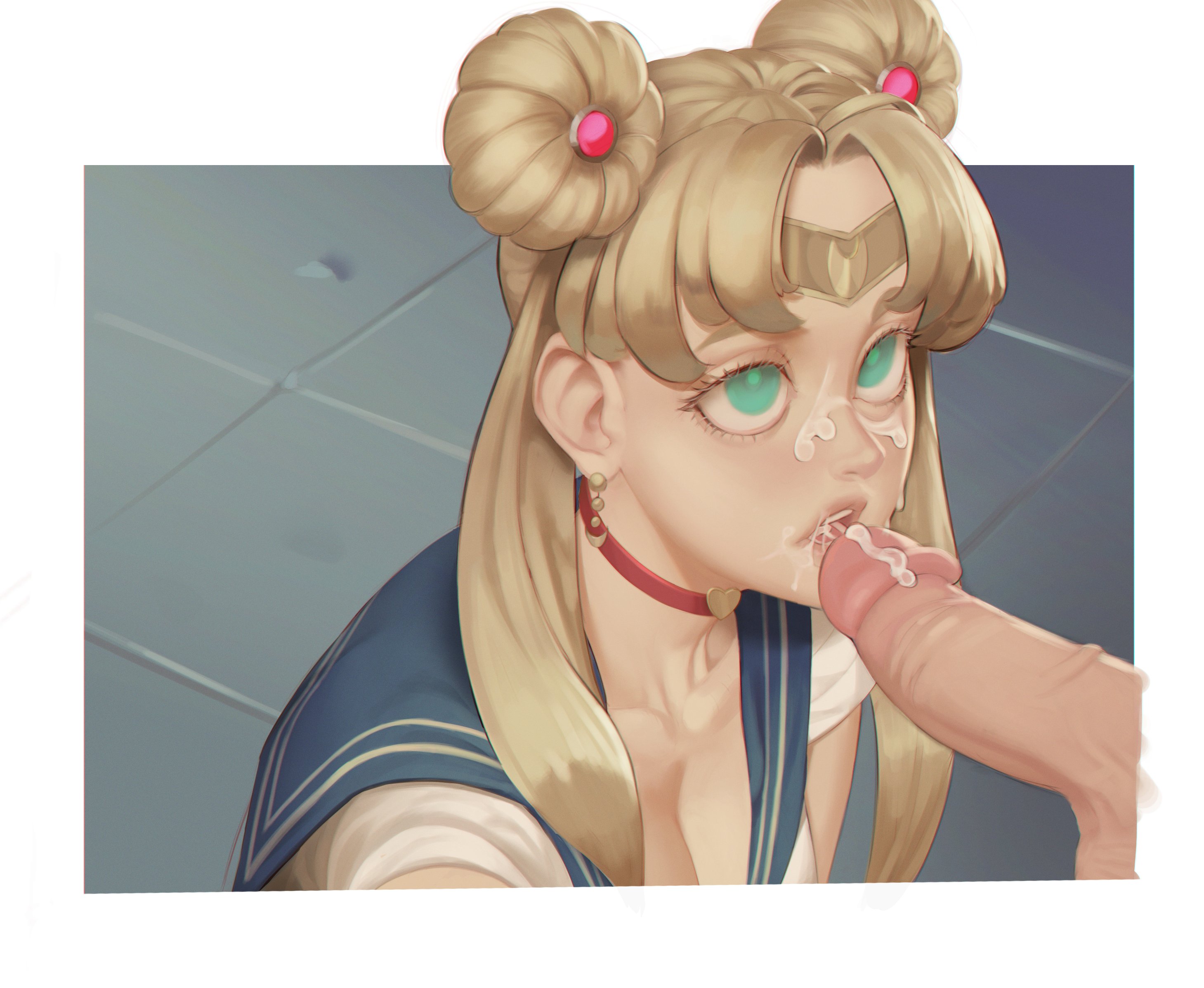 big eyes, bishoujo senshi sailor moon, blonde hair, choker, close-up, clothing, cum, cum in mouth, cum on face, draw challenge, female, hair bun, male, meme, oral, penis, pokinha, portrait, sailor moon, sailor moon redraw challenge, sailor uniform, sex, uncensored, usagi tsukino