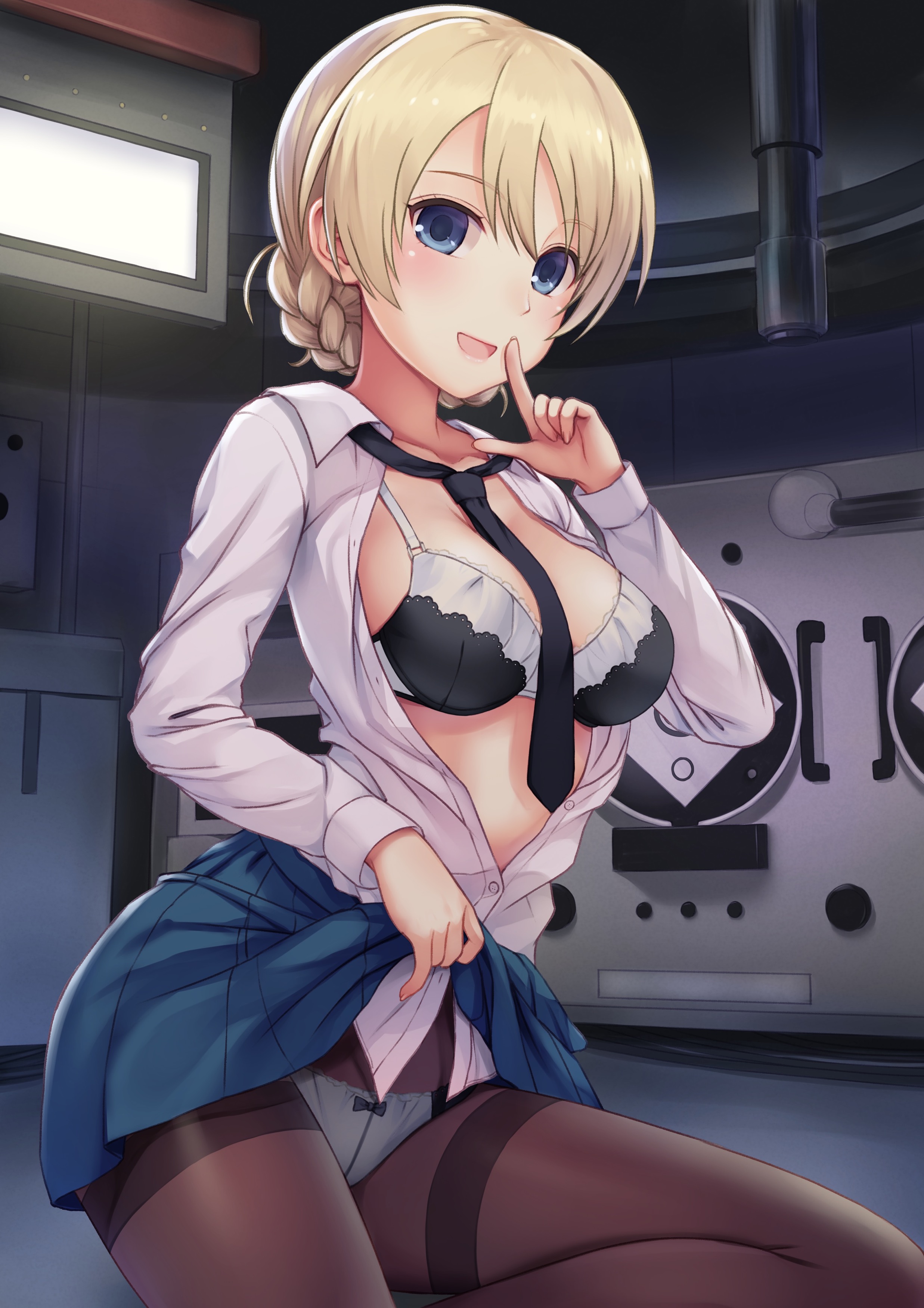 blonde, blonde hair, blue eyes, bow panties, bra, braided hair, breasts, darjeeling, female, girls und panzer, n.g., open shirt, panties, panties under pantyhose, pantyhose, shirt, skirt, skirt lift, tagme, thighband pantyhose, tie, tie between breasts, white panties
