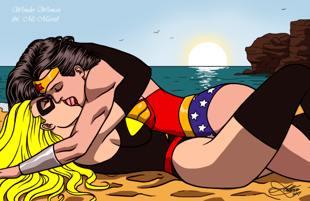 2girls, beach, black hair, blonde hair, carol danvers, crossover, dc, dc comics, diana prince, female, female only, female superhero, female/female, kaywest, kissing, leotard, marvel, marvel comics, ms. marvel, ms. marvel (carol danvers), multiple females, multiple girls, on top, superhero, superheroine, tongue kiss, wonder woman, wonder woman (series), yuri
