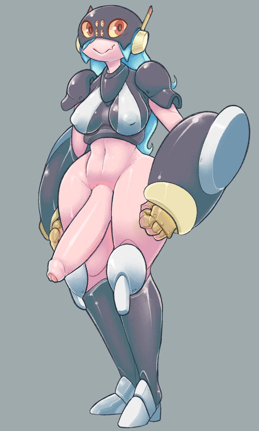 armor bottomless costume erection flat_colors foreskin full_body futa_only futanari gauntlets helmet huge_cock long_hair midriff mightyworld pink_skin smile wide_hips