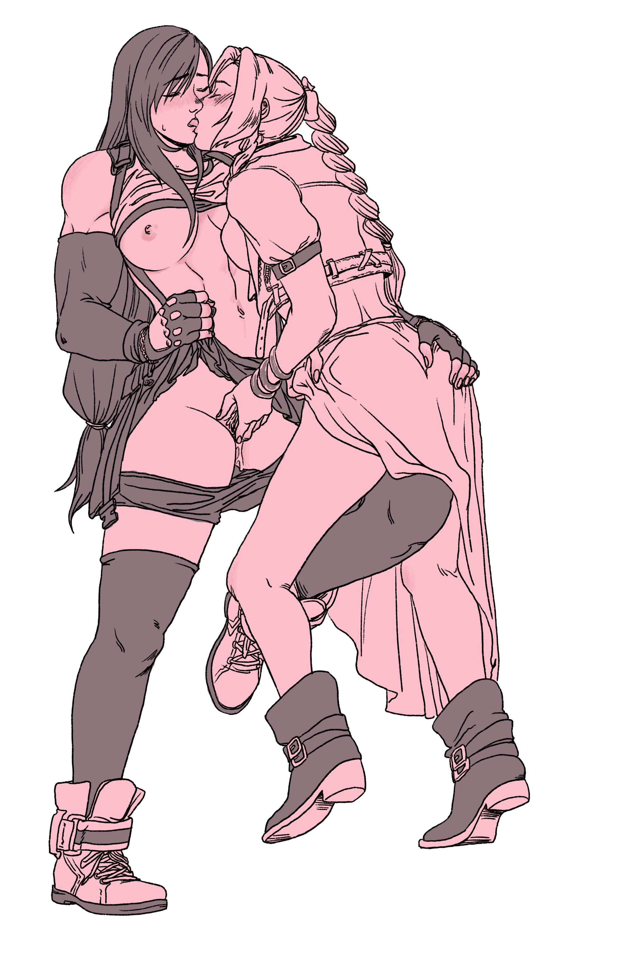 2girls, aerith gainsborough, ass, boots, breasts, breasts out, clothed, female, final fantasy, final fantasy vii, fingering, hand on ass, kissing, lesbian, monochrome, muscular, muscular female, nude, pubes, pubic hair, pussy, pussy juice, racqueer, sex, shoes, skirt lift, standing, tifa lockhart, white background, yuri