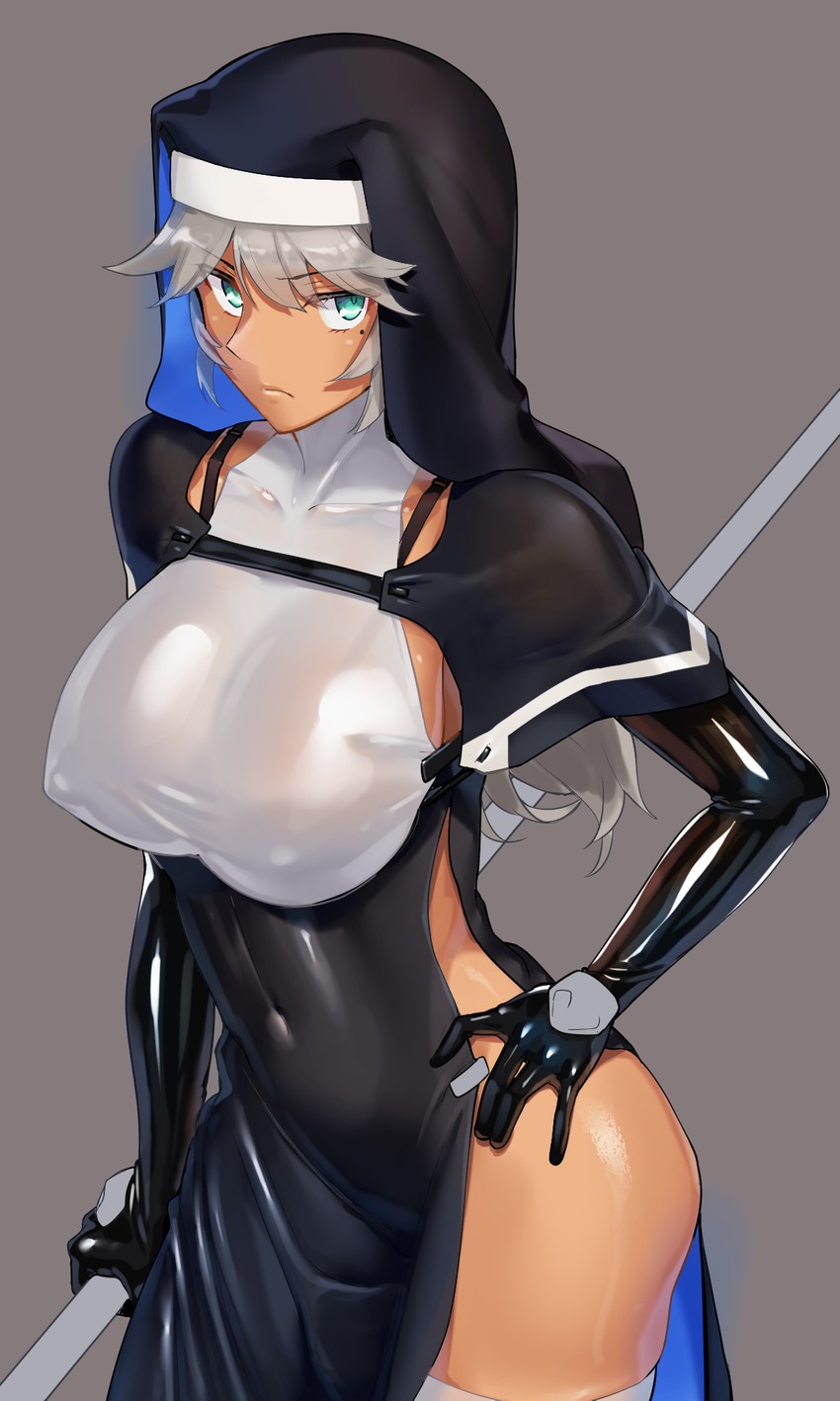 blue eyes, breasts, covered collarbone, covered navel, covered nipples, dark skin, female, gloves, habit, highres, impossible clothes, large breasts, latex, latex gloves, looking at viewer, mole, mole under eye, nun, ohlia, original, shiny, shiny clothes, side slit, skin tight, solo, staff, thighhighs, white hair