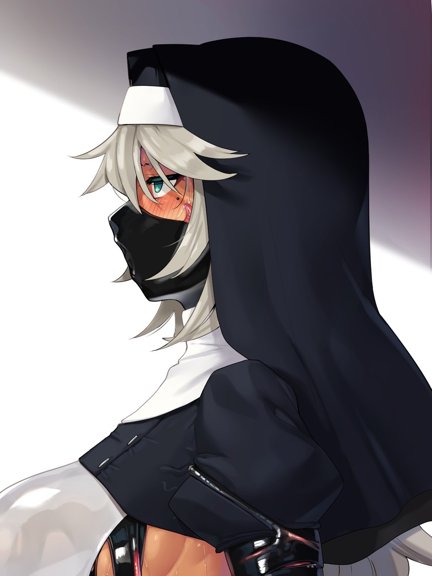 aqua_eyes blush breasts dark_skin female habit highres large_breasts mask mole mole_under_eye mouth_mask nun ohlia open_mouth original shiny shiny_clothes silver_hair solo tentacle_clothes