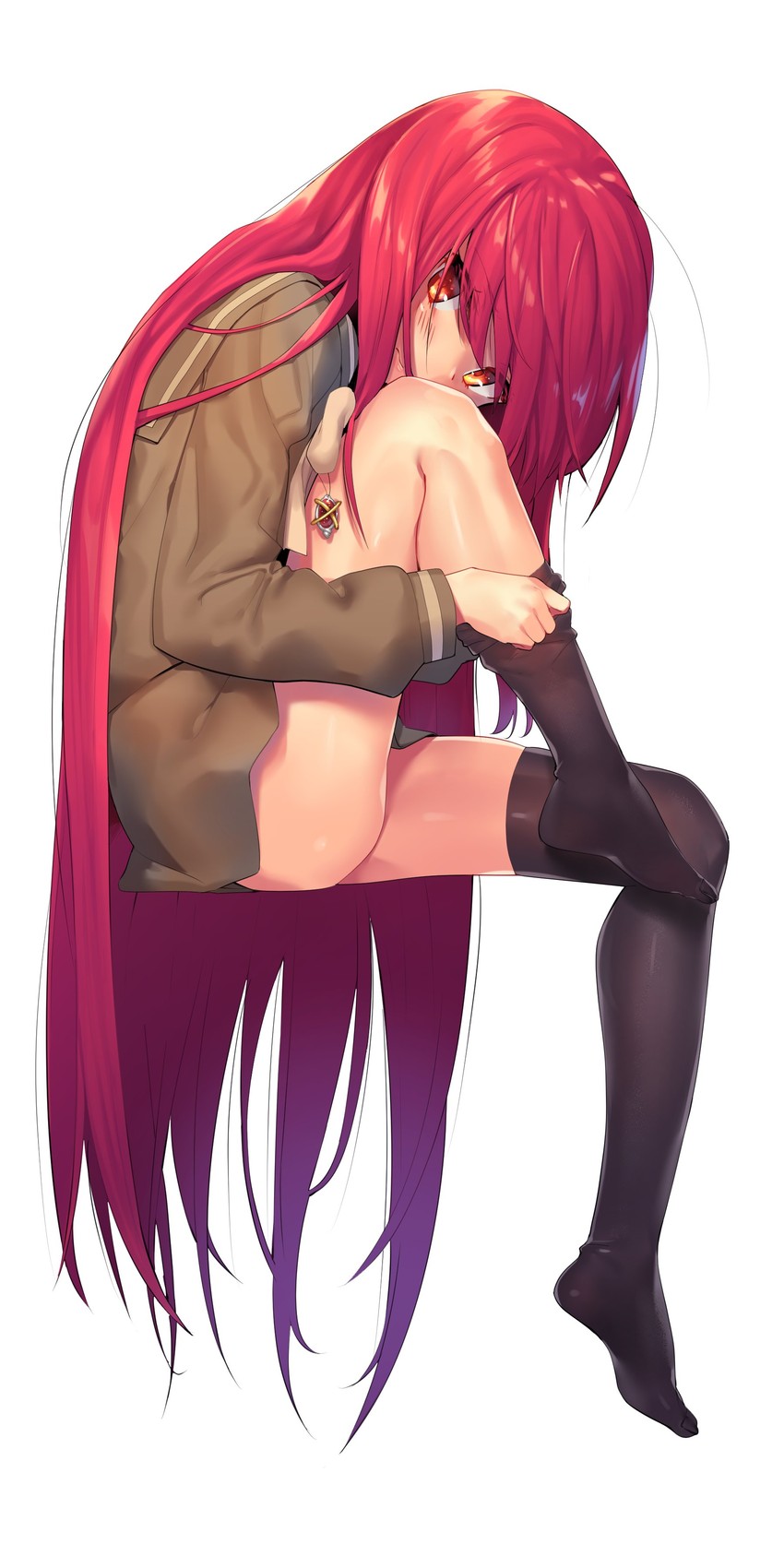 absurdres bangs black_legwear blush brown_cardigan brown_sailor_collar charm_(object) commentary_request eyebrows_visible_through_hair female from_side full_body highres invisible_chair knee_up long_hair long_sleeves looking_at_viewer looking_to_the_side no_shoes ohlia red_eyes red_hair sailor_collar shakugan_no_shana shana simple_background sitting solo thighhighs thighs undressing very_long_hair white_background