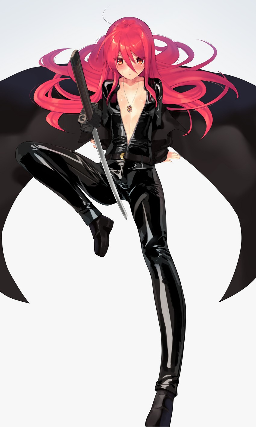 alastor_(shakugan_no_shana) areola_slip areolae belt black_bodysuit blush bodysuit breasts cape female hair_between_eyes highres jewelry katana latex latex_bodysuit long_hair looking_at_viewer necklace ohlia planted_sword planted_weapon red_eyes red_hair shakugan_no_shana shana sitting small_breasts solo spread_legs sword very_long_hair weapon