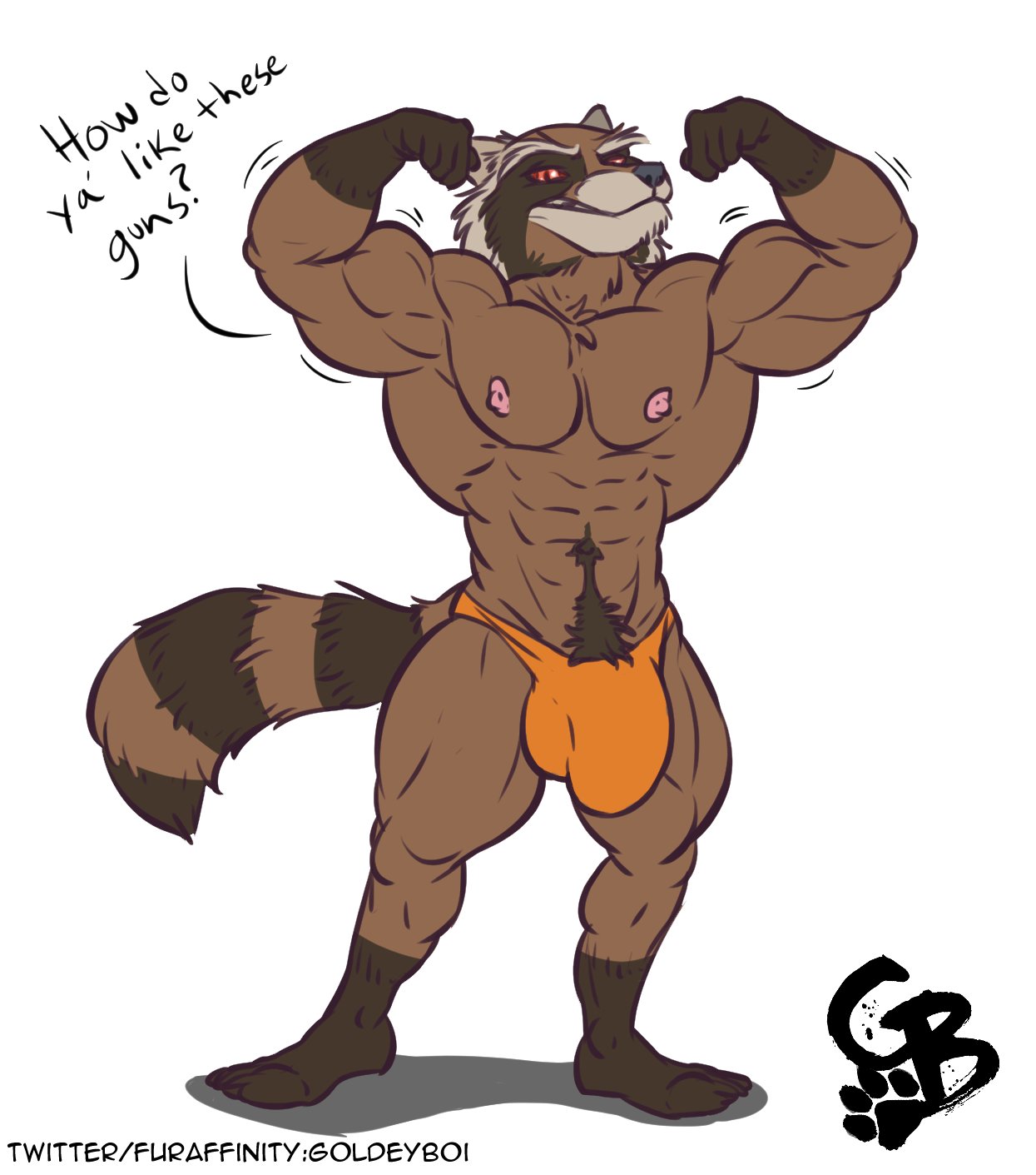 abs anthro belly_tuft biceps big_biceps big_bulge big_muscles big_quads brown_body brown_fur bulge clothed clothing dialogue flaccid flexing fur genitals goldeyboi guardians_of_the_galaxy hi_res male male_only mammal marvel muscular navel navel_tuft nipples obliques orange_clothing orange_underwear pecs penis pink_nipples procyonid quads raccoon red_eyes rocket_raccoon signature simple_background smile smirk solo thick_thighs topless topless_male tuft underwear white_background