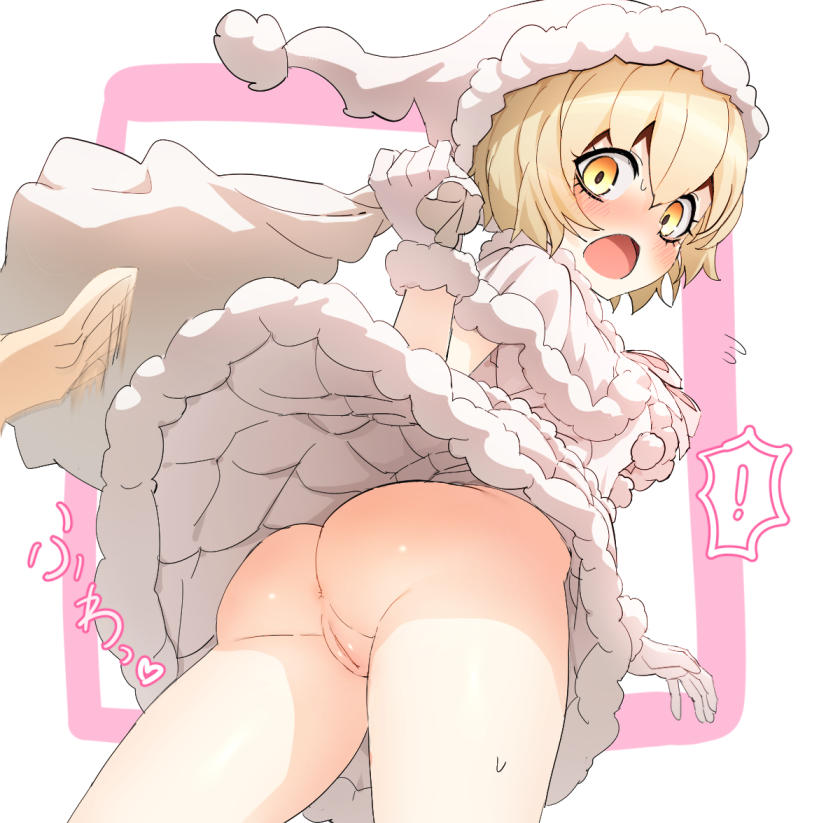 ! anus ass blonde_hair blush breasts female from_below gloves hat jashin-chan_dropkick looking_back no_panties open_mouth pekora_(jashin-chan_dropkick) pussy santa_hat shiny shiny_hair shiny_skin short_hair skirt skirt_flip small_breasts white_gloves white_headwear yellow_eyes