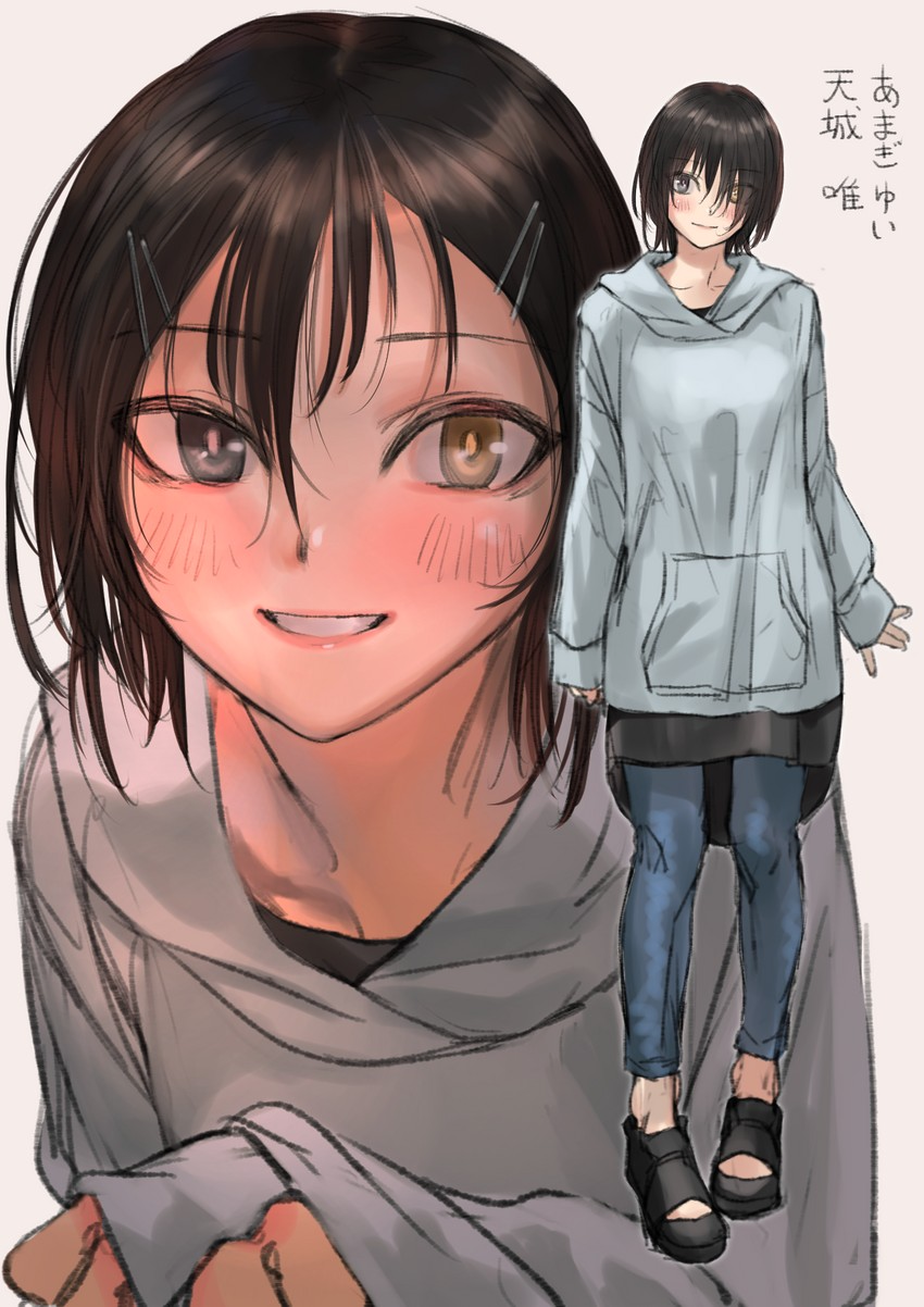 amagi_yui blush brown_hair heterochromia hoodie jeans kilye_4421 short_hair smile