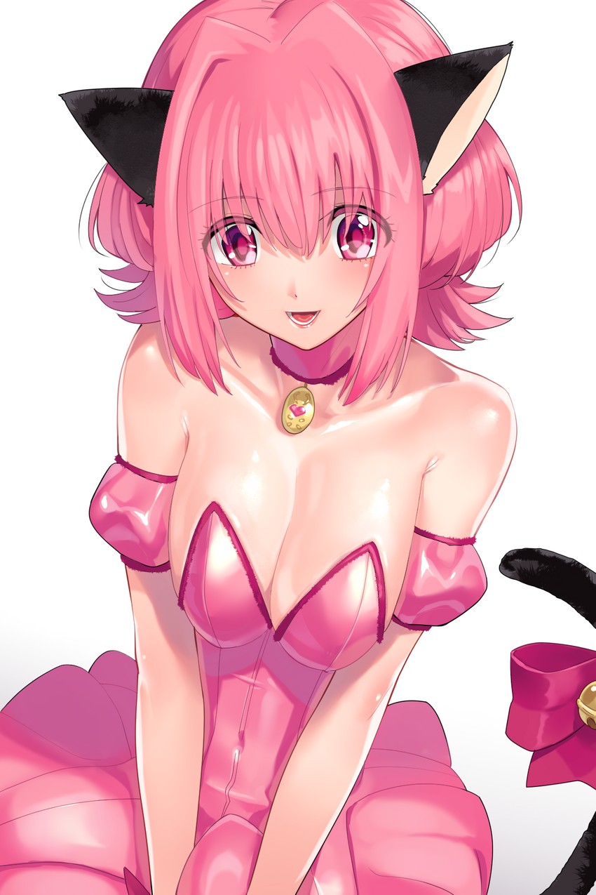 ahoge animal_ears bell bow breasts cat_ears cat_tail choker detached_sleeves female gloves highres ichigo_momomiya jingle_bell leotard looking_at_viewer magical_girl medium_breasts mew_ichigo momomiya_ichigo ohlia pink_choker pink_hair pink_leotard puffy_detached_sleeves puffy_sleeves red_eyes red_gloves shiny shiny_skin tail tail_bell tail_bow tokyo_mew_mew