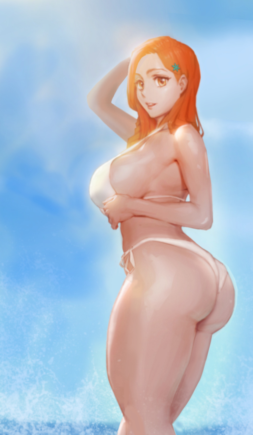 1girls, bikini, bleach, edit, female, female only, inoue orihime, long hair, orange hair, solo, swimsuit, tagme