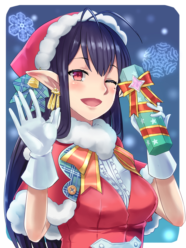 1girls antenna_hair black_hair blush breasts christmas earrings female gift gloves hair jewelry katori_(pso2) long_hair looking_at_viewer mole mole_under_eye ohlia one_eye_closed parted_lips phantasy_star phantasy_star_online_2 pointy_ears red_eyes smile solo_focus tagme