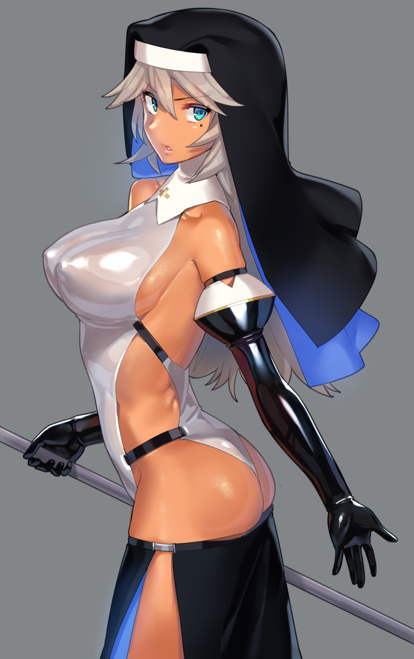 breasts covered_nipples cross dark_skin female gloves green_eyes habit highres large_breasts latex latex_gloves latin_cross long_hair looking_at_viewer looking_back mole mole_under_eye nun ohlia original shiny shiny_clothes side_slit skimpy_clothes solo suggestive_look white_hair