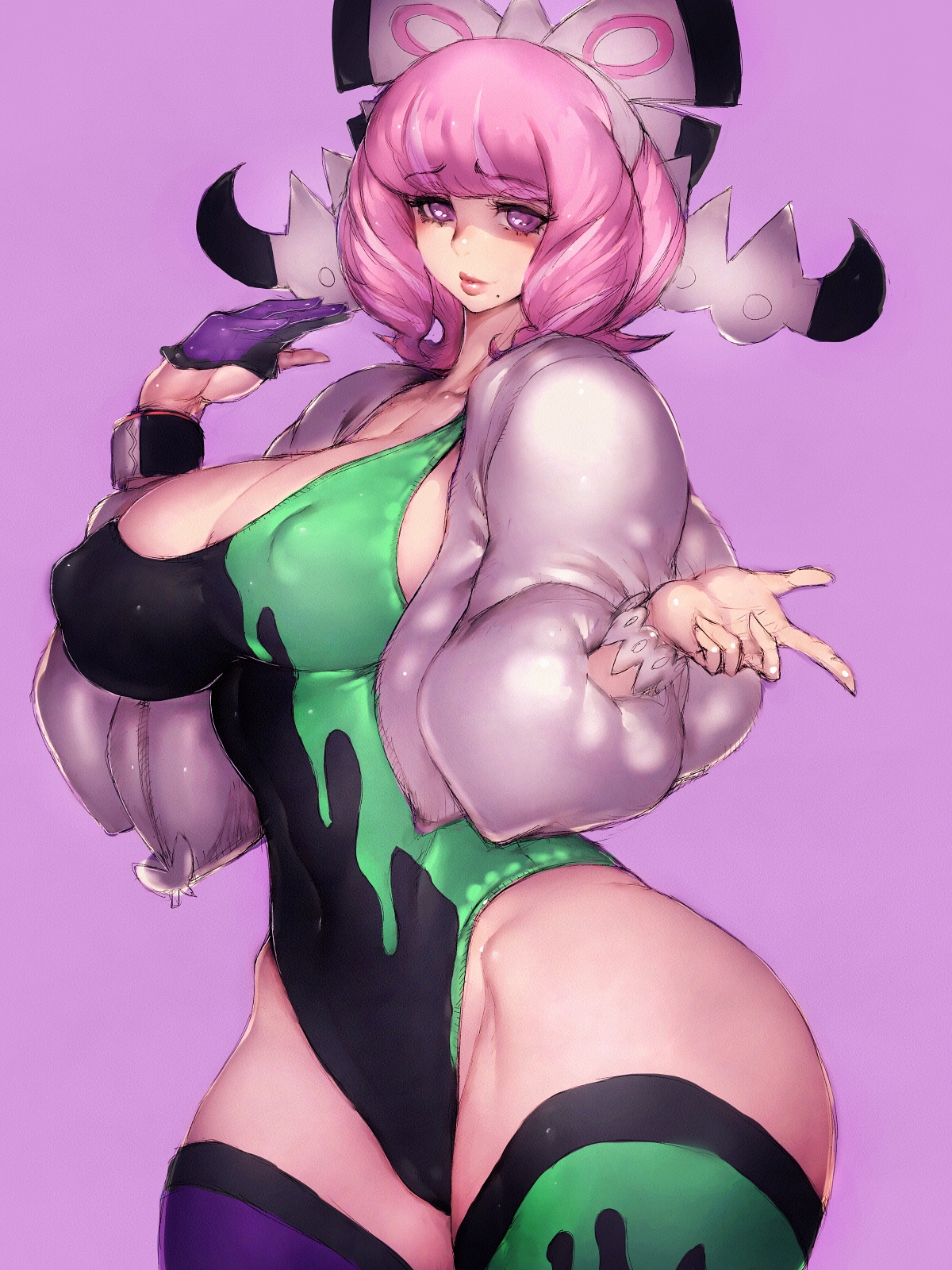 1girls, asymmetrical legwear, bangs, breasts, cameltoe, cleavage, closed mouth, cowboy shot, erect nipples, eyebrows visible through hair, female, fumio (rsqkr), hair ornament, half gloves, high resolution, human, jacket, klara (pokemon), large breasts, leotard, lips, long sleeves, looking at viewer, mole, mole under mouth, nintendo, nipples, pink background, pink eyes, pink hair, pokemon, pokemon ss, pokemon ss isle of armor, pussy, short hair, simple background, single glove, thighhighs, wide hips
