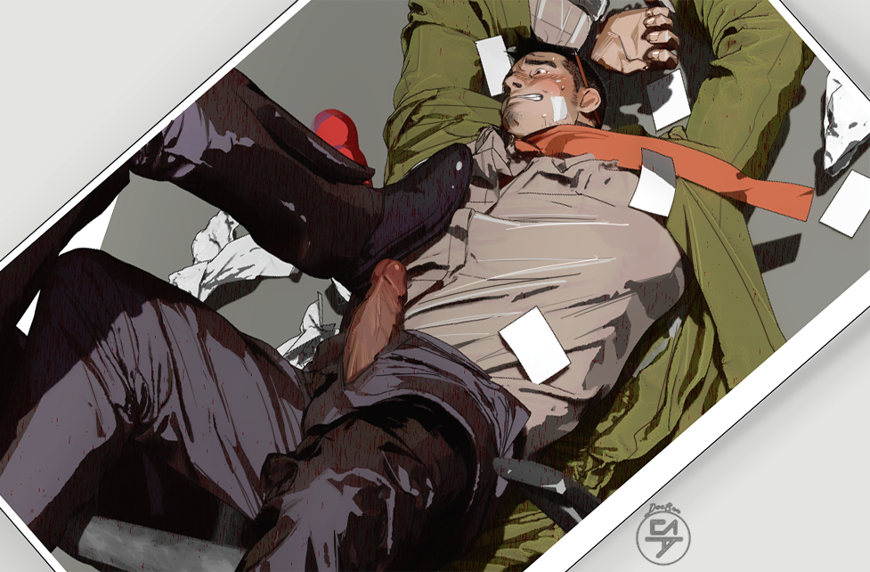 2boys, bara, blush, clothed, clothing, dick gumshoe, doosoo, erection, fully clothed, gay, gyakuten saiban, handcuffs, male, male only, on back, on floor, spread legs, yaoi