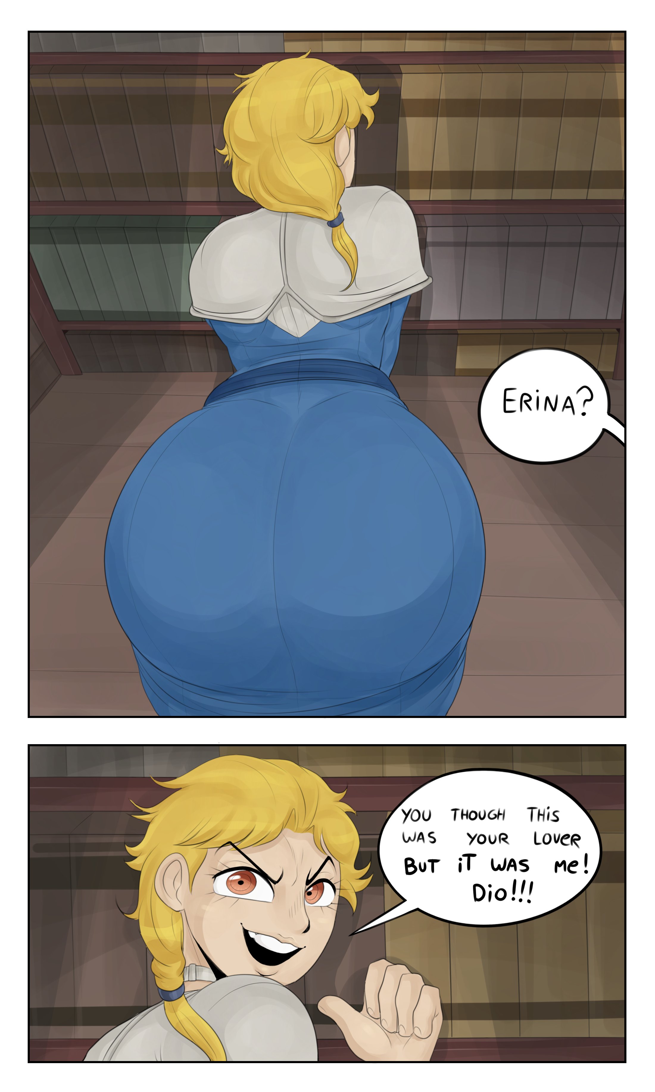 1boy, ass, bent over, big ass, blonde hair, bottom heavy, choker, crossdressing, detnox, dio brando, erina pendleton (cosplay), eye contact, femboy, it was me dio, jojo reference, jojo's bizarre adventure, kono dio da!, large ass, light skin, light-skinned male, looking at viewer, male, male only, meme, mistaken identity, orange eyes, pale skin, pale-skinned male, phantom blood, ponytail, short hair, speech bubble, text, thick ass, vampire