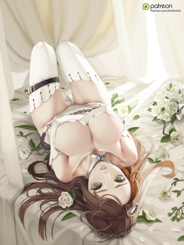 1girls, bangs, bed, bed sheet, bouquet, braid, branch, breasts, bridal veil, brown hair, choker, clavicle, cleavage, crossed arms, crown braid, curtains, dress, elbow gloves, female, female only, flower, girls' frontline, gloves, green eyes, groin, hair flower, hair ornament, knees up, large breasts, lee-enfield (girls' frontline), leotard, letdie1414, lingerie, long hair, looking at viewer, lying, on back, on bed, open mouth, patreon, patreon username, petals, rose, sidelocks, skindentation, solo, solo female, strap, tassel, teeth, thigh strap, thighhighs, thighs, tied hair, underwear, veil, wedding dress, white flower, white gloves, white legwear, white leotard, white rose