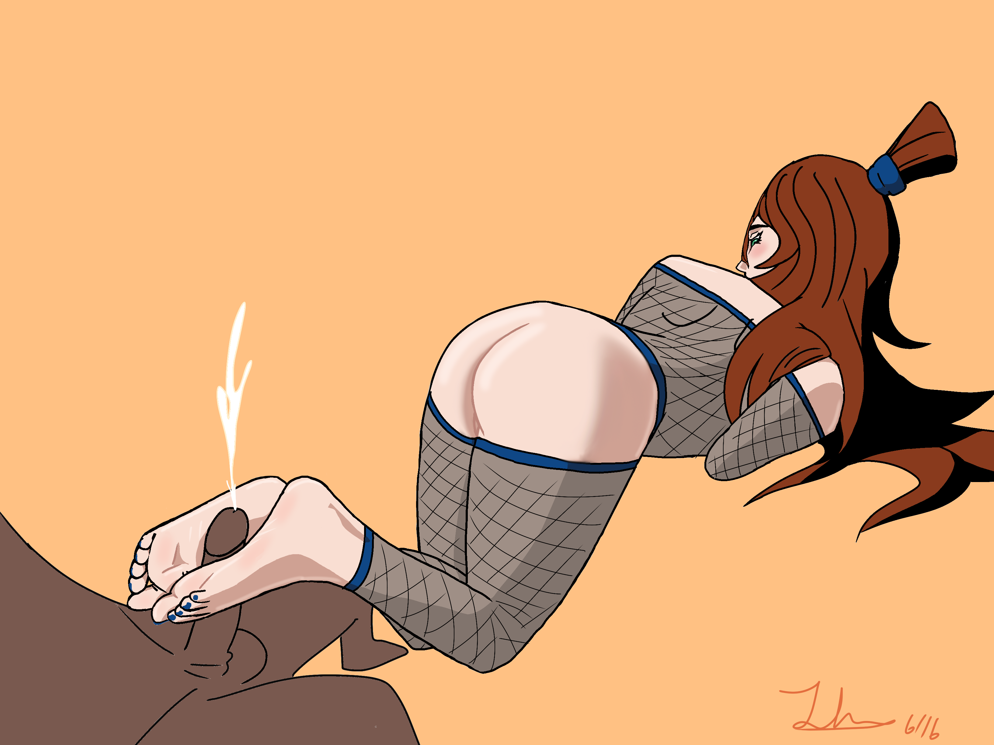 1boy, 1girls, ass, balls, barefoot, blue nail polish, blue nails, blush, brown hair, clothing, cum, cumming, cumshot, dark skin, dark-skinned male, ejaculation, erection, faceless male, feet, feet together, female, fishnet legwear, fishnet shirt, fishnets, foot fetish, foot focus, footjob, from behind, from behind position, green eyes, hands-free, handsfree ejaculation, interracial, legwear, light skin, light-skinned female, long hair, looking back, male, mei terumi, meiterumiisfine, nail polish, naked, naruto, naruto (series), naruto shippuden, no panties, nude, nude male, pale skin, pale-skinned female, penis, ponytail, sex, soles, straight, testicles, thighhighs, tied hair, toenail polish, toes
