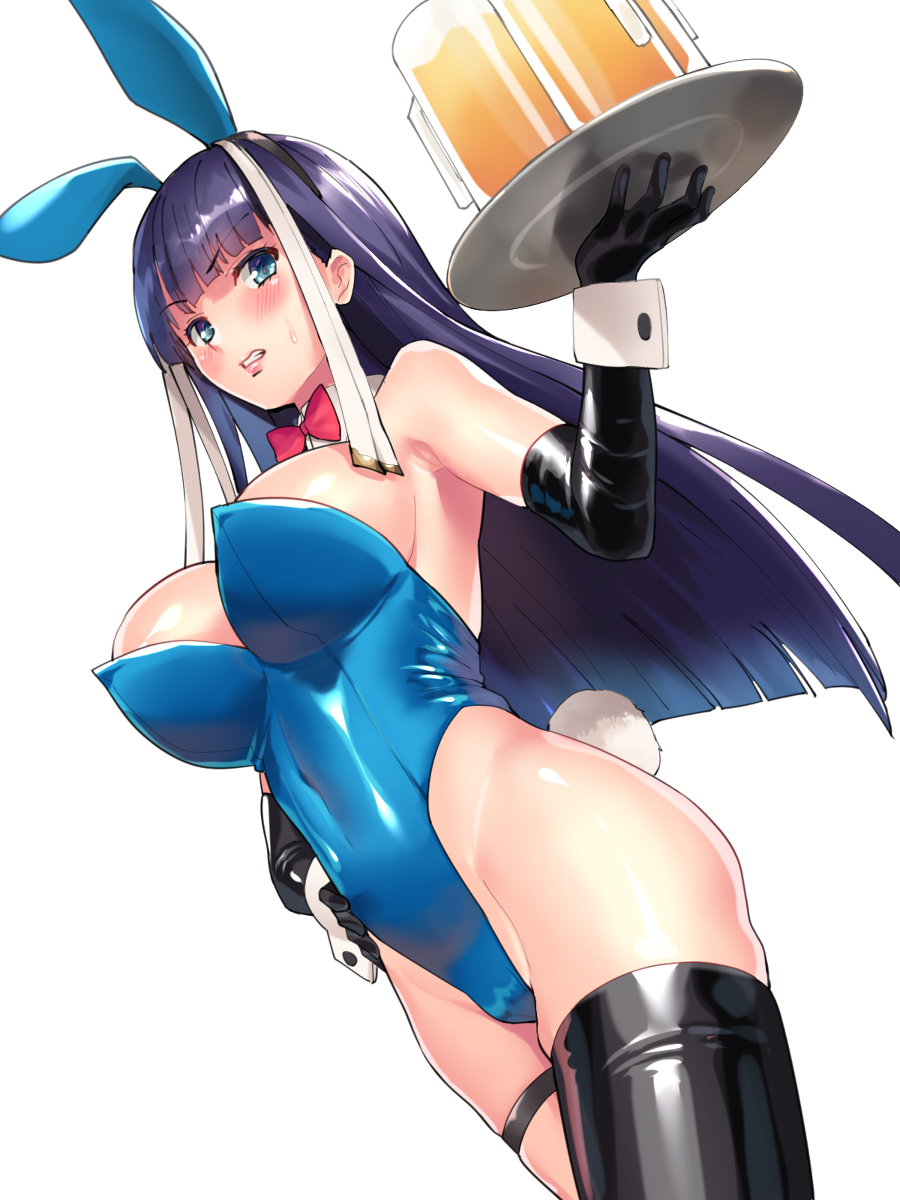alcohol, animal ears, beer, beer mug, blue eyes, blush, breasts, bunny ears, bunny tail, bunnysuit, cup, detached collar, dutch angle, elbow gloves, fate (series), fate/grand order, female, gloves, hand on hip, highleg, highres, large breasts, long hair, mug, ohlia, purple hair, saint martha, tail, thighhighs, tray, white background