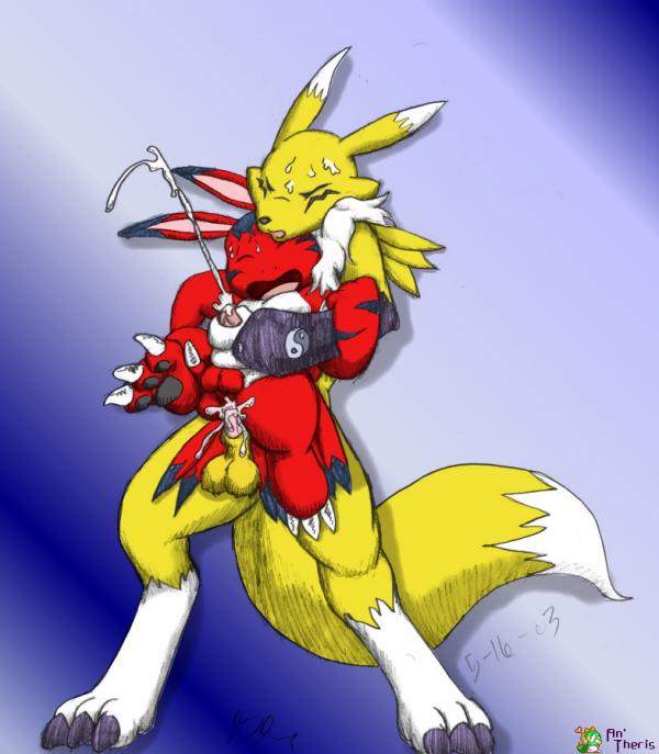 buggery color digimon elecmon front_view glenn interspecies male male_only multiple_males renamon sex standing tagme yaoi