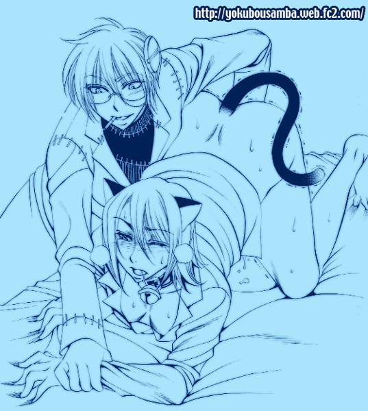 2boys animal_ears artist_request barefoot bell bent_over bottomless cat_ears collar cum doctor exam_table franken_stein gay glasses handjob male male_only malesub medical monochrome multiple_males science smoking soul_eater spirit spirit_albarn stein tail yaoi