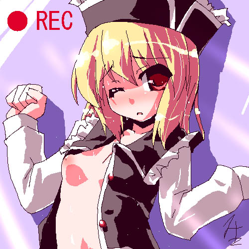 breasts hat jpeg_artifacts lowres lunasa_prismriver miuku_(marine_sapphire) no_bra oekaki open_clothes open_shirt recording red_eyes shirt touhou viewfinder wet