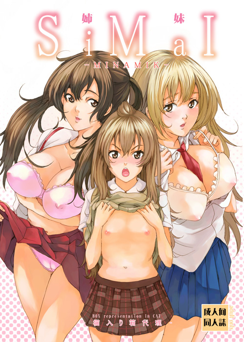 3girls ahoge bra breasts brown_eyes brown_hair chiaki_minami clothing female flat_chest haruka_minami kana_minami large_breasts lingerie long_hair maimu minami-ke minami_chiaki minami_haruka minami_kana multiple_girls panties shirt shirt_lift skirt tied_hair twintails underwear