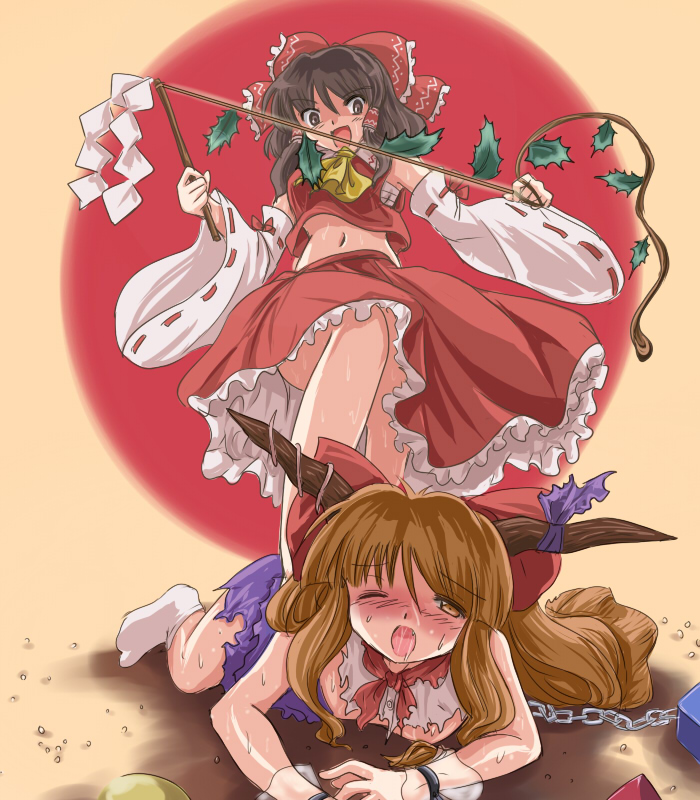 black_hair blonde_hair blush brown_eyes chains cute_fang detached_sleeves female femdom flx gohei horn_ribbon horns human japanese_clothes midriff miko multiple_girls reimu_hakurei ribbon sarashi skirt suika_ibuki sweat torn_clothes touhou trample whip