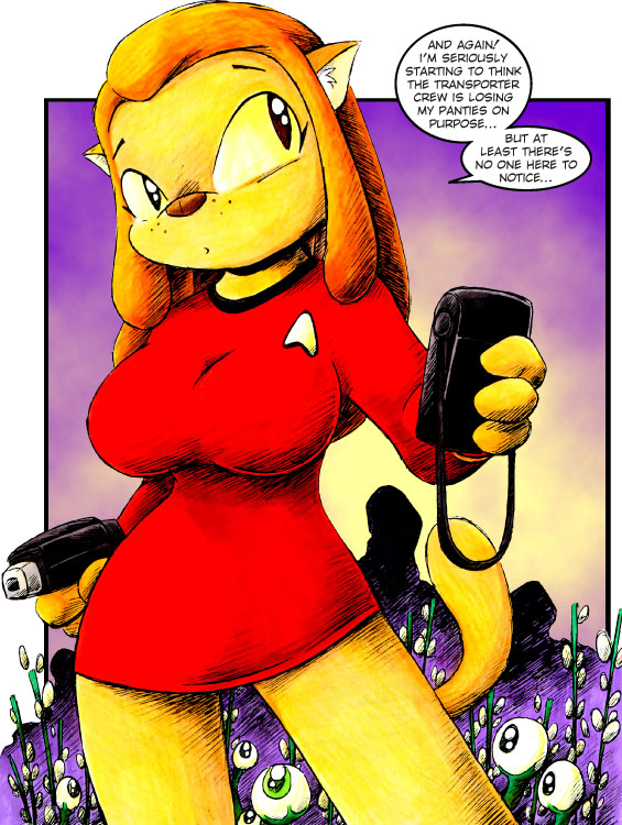 alien anthro anthro_only brian_christy_burke caitian_(species) clothing comic dialogue drake_fenwick english_text feline female furry furry_only handgun inner_ear_fluff orange_fur phaser red_shirt shiboline_m'ress solo speech_bubble star_trek star_trek_the_animated_series starfleet_insignia starfleet_uniform tail text tricorder uniform weapon yellow_sclera