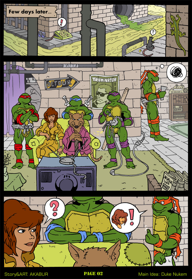 1girls 2009 5boys akabur april_o'neil april_o'neil_(tmnt_1987) arnold_schwarzenegger belt brothers comic donatello electronics female footwear hamato_yoshi hamato_yoshi_(tmnt_1987) human leonardo male master_splinter master_splinter_(tmnt_1987) michelangelo movie_poster multiple_boys mutant outerwear page_2 pale_skin poster raphael rat t-800 teenage_mutant_ninja_turtles terminator tmnt_1987 wristwear