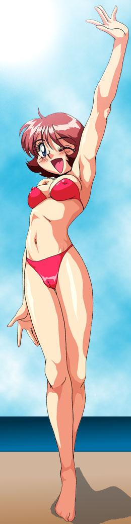 1990s 1997 1girls 20th_century bikini breasts brown_hair eyeball_(artist) female fraw_bow gundam human light-skinned_female light_skin looking_at_viewer mobile_suit_gundam short_hair solo standing wink