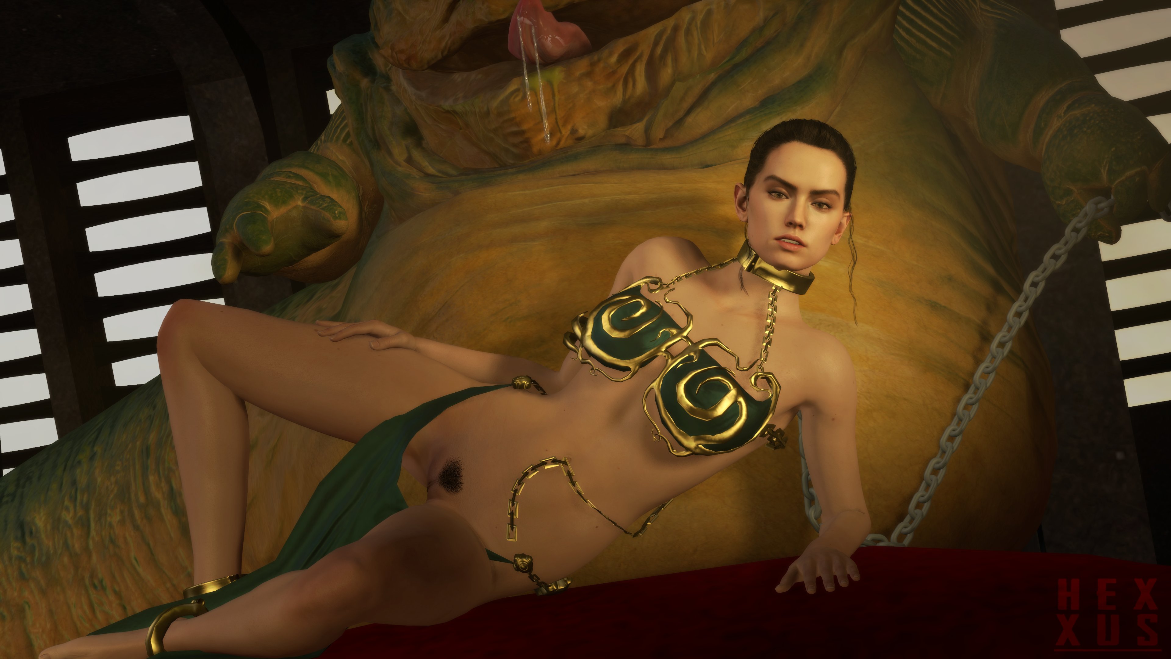 3d, athletic, athletic female, bottomless, brown hair, daisy ridley, female, female focus, hexxus (artist), long hair, navel, no panties, pubic hair, pussy, rey, slave, slave bikini, star wars, tagme, tied hair, vagina