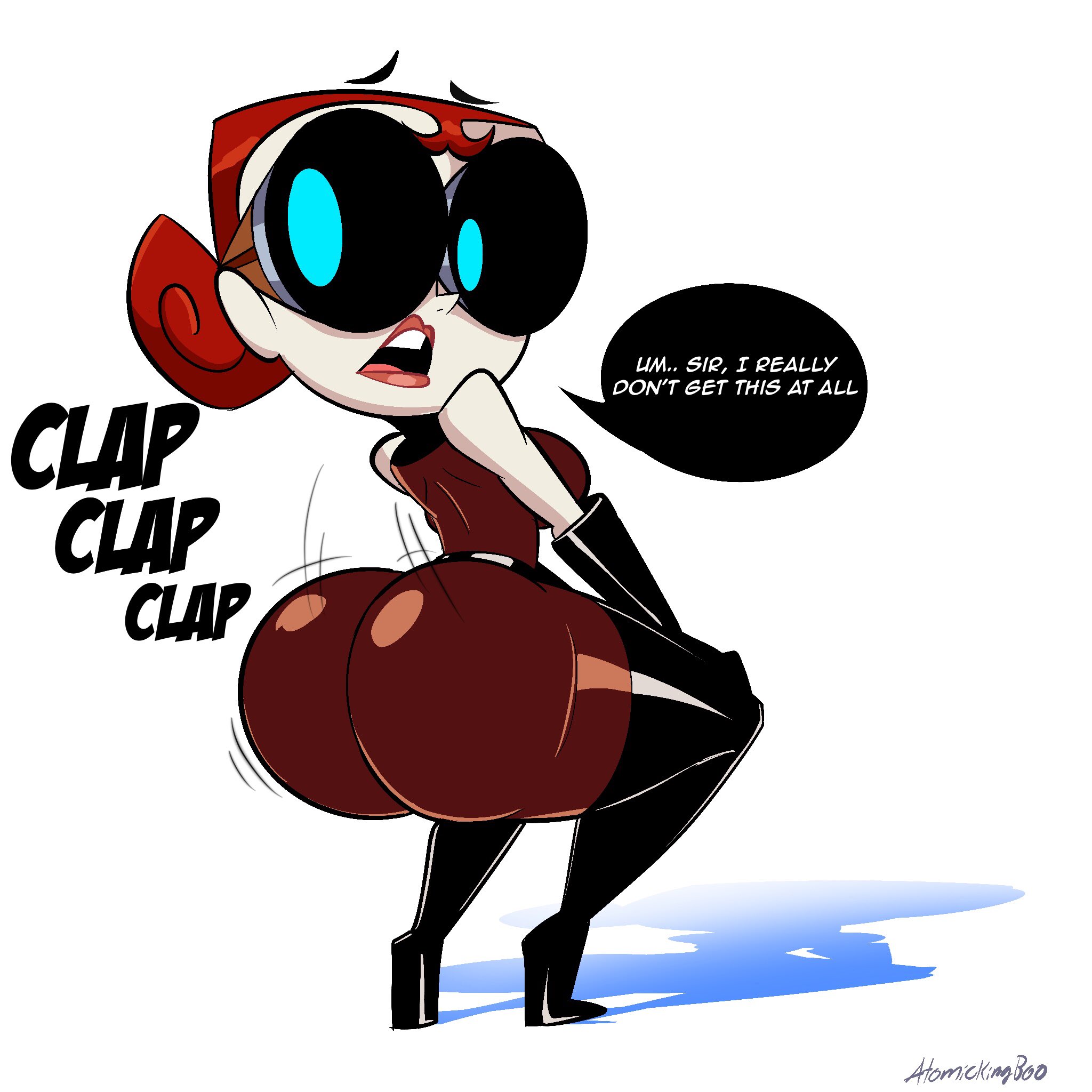 2020, ass clapping, atomickingboo, big breasts, blue eyes, bottom heavy, breasts, cartoon network, evil con carne, female, female only, goggles, high heel boots, high heels, long hair, major dr. ghastly, mature female, red hair, redraw, solo, solo female, solo focus, the grim adventures of billy and mandy, thighhigh boots, thighhighs, twerking
