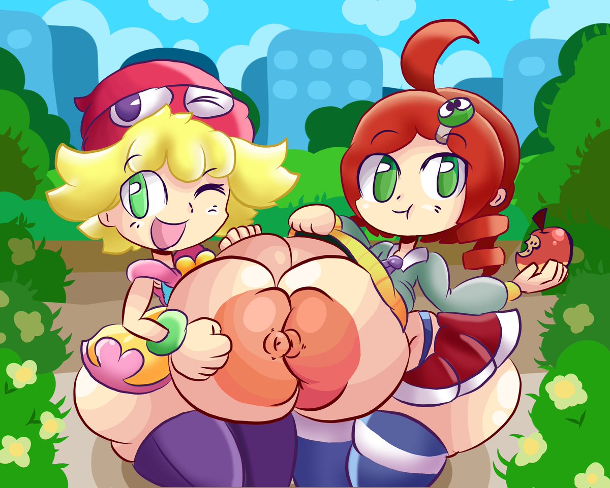 2girls ahoge amitie andou_ringo apple areolae blonde_hair breast_docking breast_squish female gigantic_breasts green_eyes huge_ass huge_breasts huge_butt looking_at_viewer nitrobutter one_eye_closed puyo_puyo puyo_puyo_7 puyo_puyo_fever red_hair school_uniform schoolgirl shortstack stockings symmetrical thong thong_straps twintails winking yuri