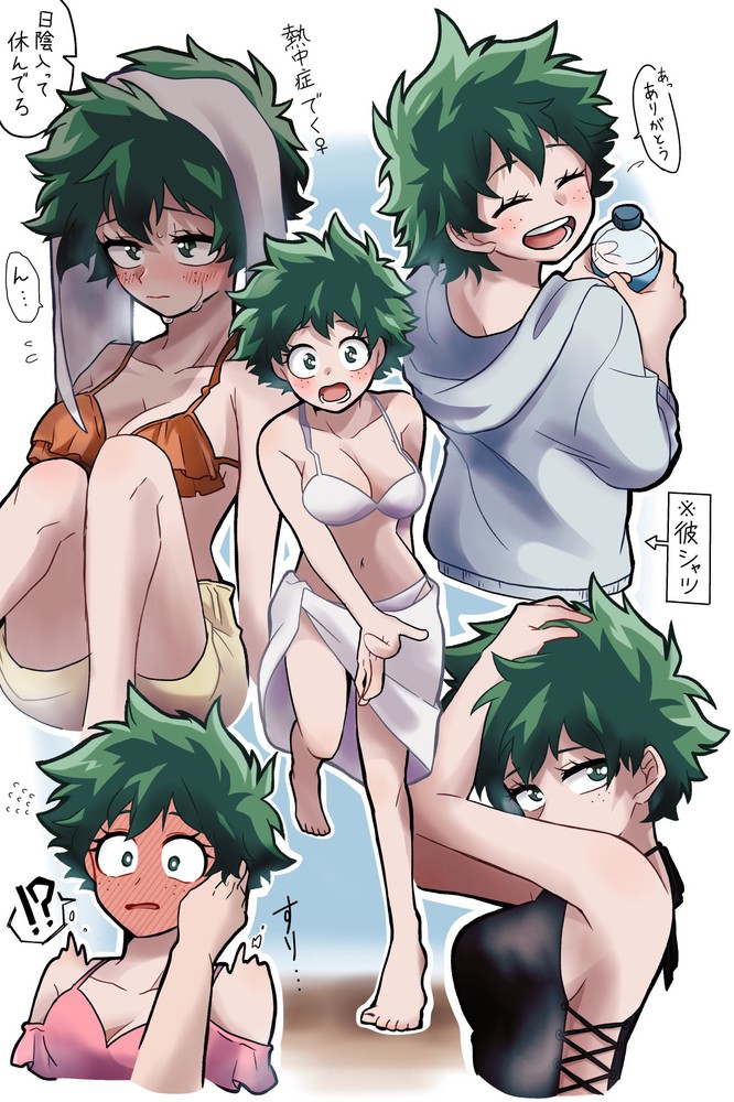 !?, 1boy, 1girls, alternate costume, big breasts, bikini, blush, breasts, caress, closed eyes, clothed, clothing, female, female deku, female focus, freckles, genderswap, genderswap (mtf), green eyes, green hair, hand on face, izuku midoriya, looking at viewer, male, my hero academia, offscreen character, open mouth, rule 63, smile, solo focus, swimwear, teeth, tongue, translation request