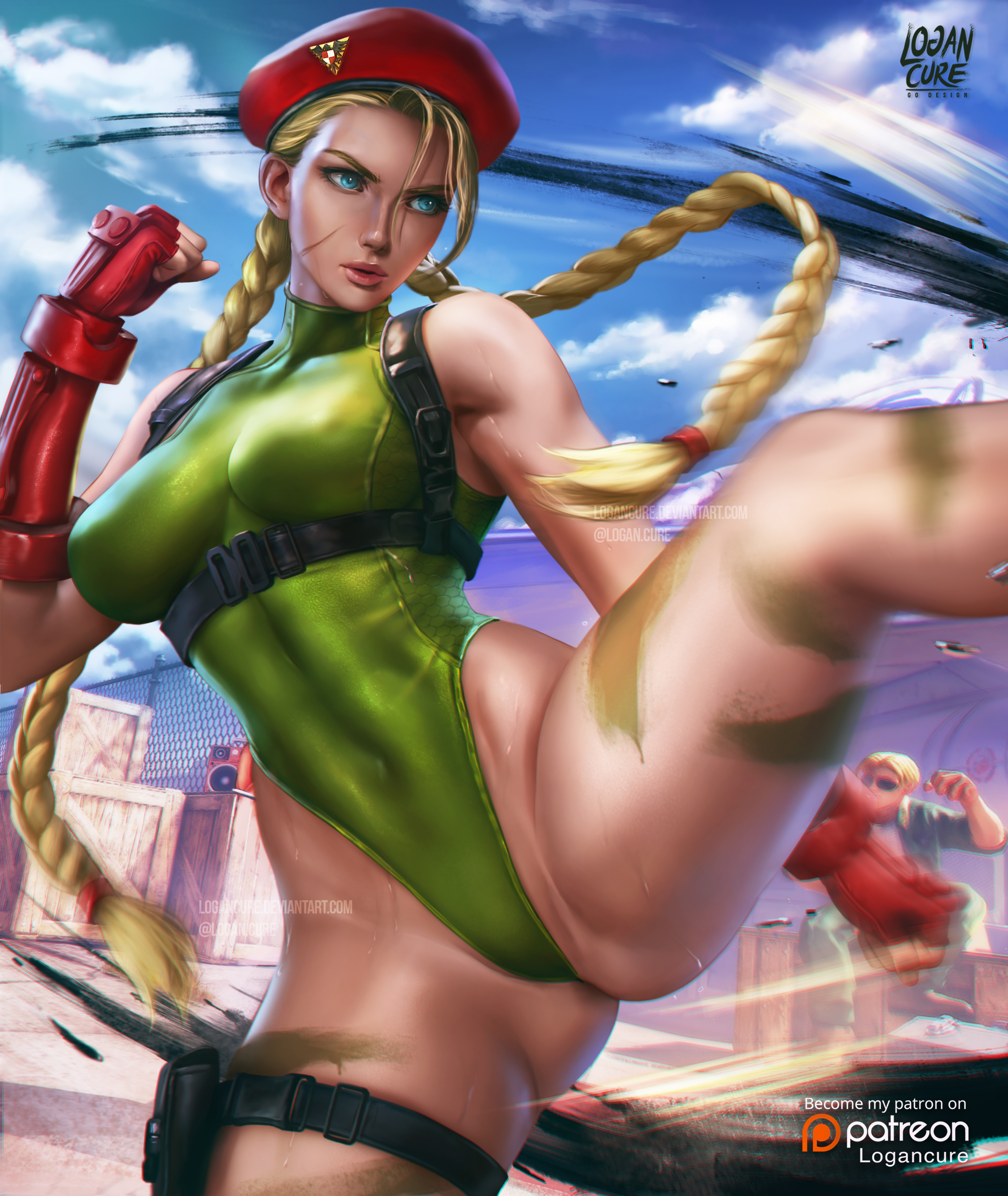 1girls, abs, big breasts, blonde, blonde hair, blue eyes, breasts, cammy white, capcom, female, female only, large breasts, leotard, logan cure, muscles, muscular, muscular female, open legs, solo, spread legs, street fighter, toned, toned female