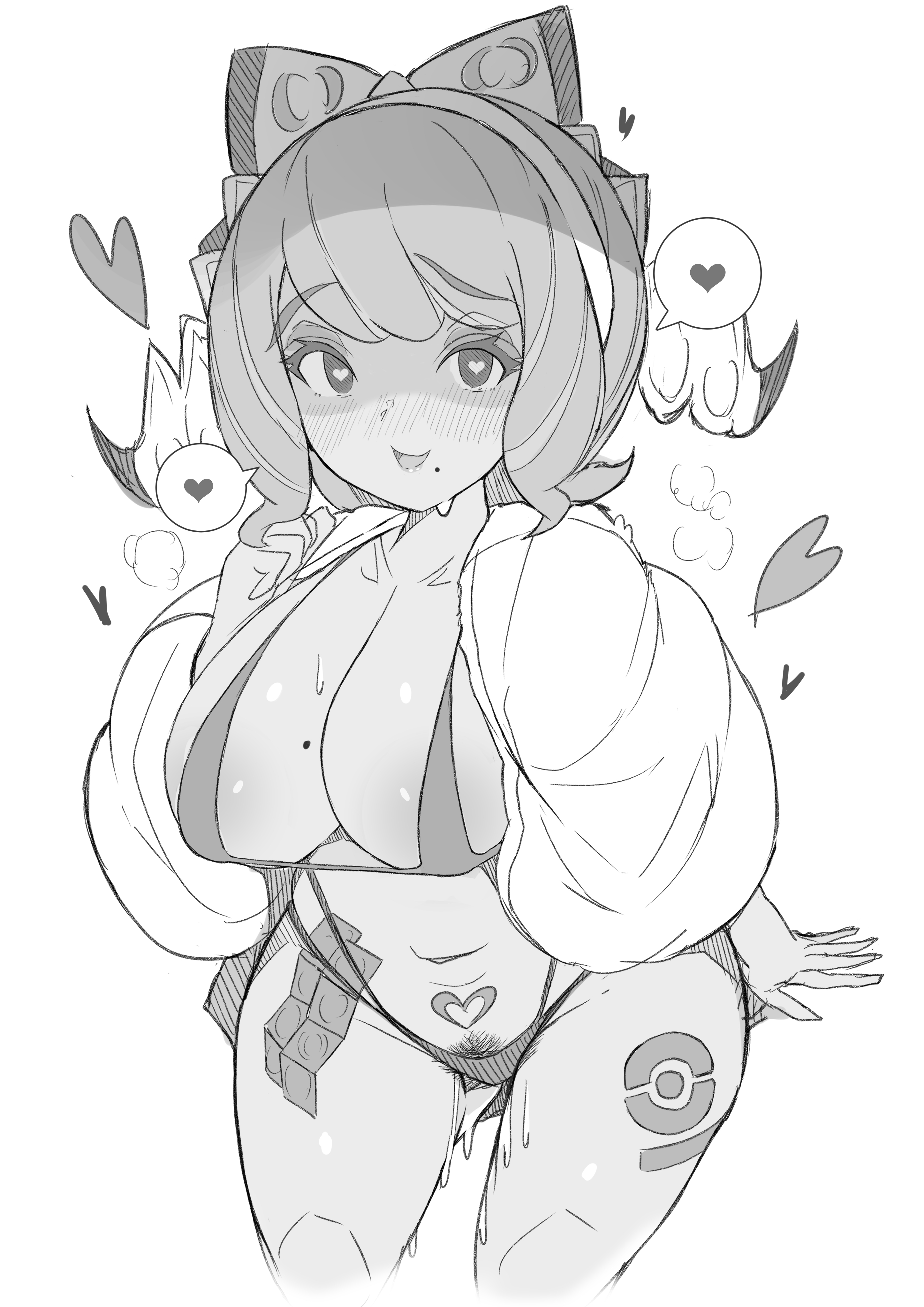 1girls, big breasts, breasts, condom, condom packet strip, female, greyscale, hair ribbon, heart, heart-shaped pupils, high resolution, hirai, huge breasts, human, klara (pokemon), micro bikini, mole, mole on breast, mole under mouth, monochrome, nintendo, pokemon, pokemon ss, pokemon ss isle of armor, pubic hair, shortstack, sketch, spoken heart, thick thighs, thighs, thong, wide hips