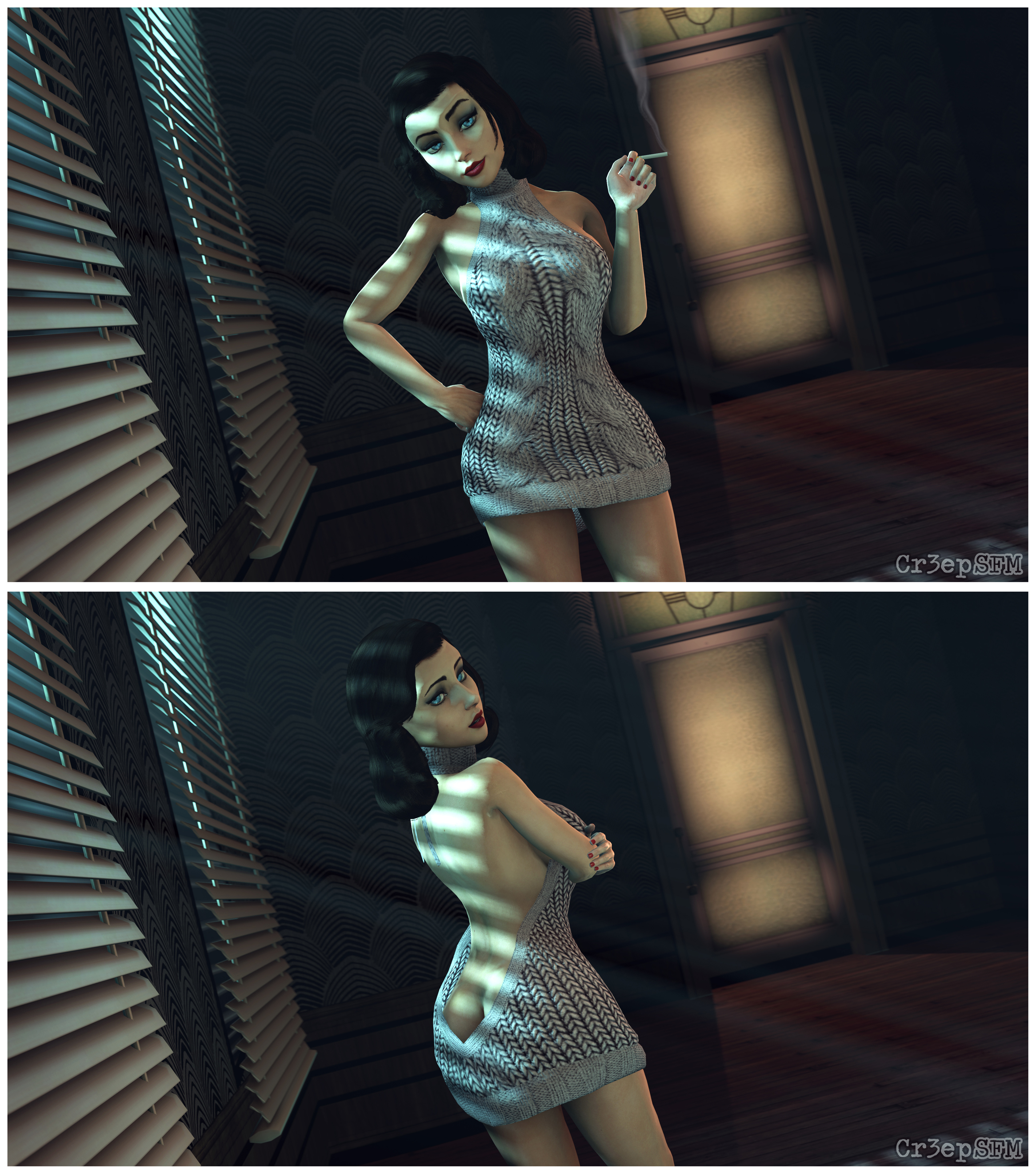 3d, ass, ass cleavage, ass crack, bare shoulders, big breasts, bioshock, bioshock infinite, black hair, blue eyes, breasts, bubble ass, bubble butt, burial at sea, busty, butt crack, cigarette, cr3epsfm, elizabeth comstock, female, female focus, female only, fingernails, hourglass figure, light skin, light-skinned female, long hair, makeup, nail polish, pale skin, pale-skinned female, pose, posing, red nails, sideboob, smoking, solo, standing, tagme, virgin killer sweater, wide hips