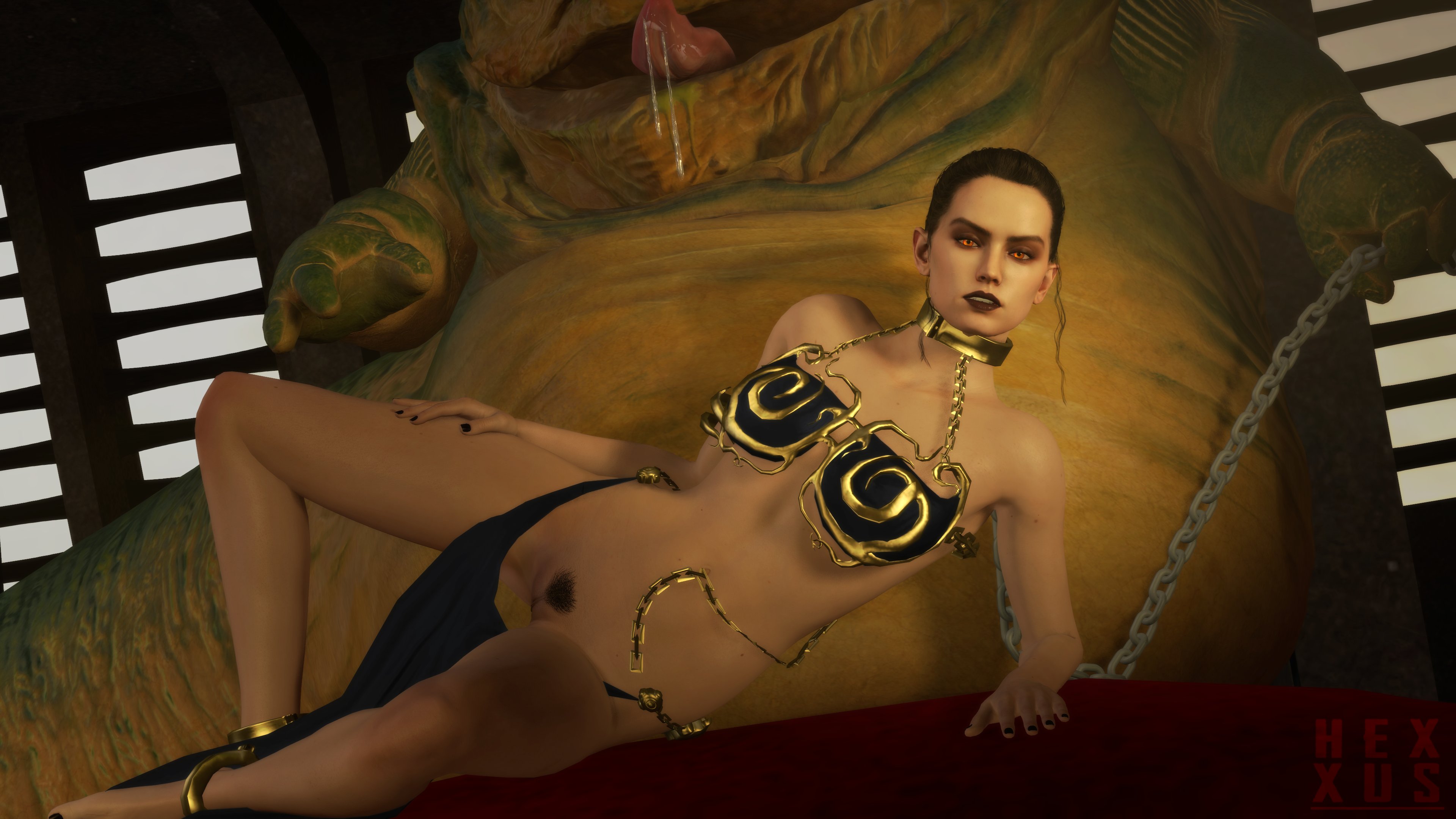 3d, athletic, athletic female, black toenails, bottomless, brown hair, daisy ridley, female, female focus, hexxus (artist), hutt, jabba the hutt, long hair, makeup, navel, pubic hair, pussy, rey, sith rey, slave, slave bikini, star wars, tagme, tied hair, vagina