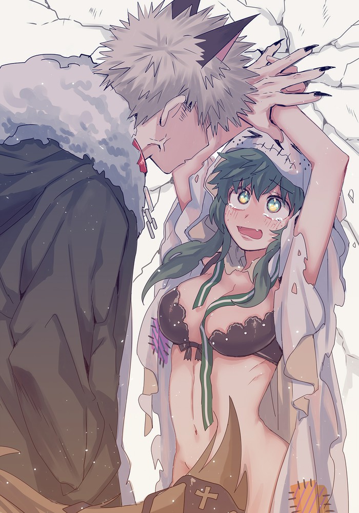 1boy 1girls alternate_costume angry big_breasts blonde_hair bra broken_wall cat_ears crying crying_with_eyes_open cute female_deku genderswap genderswap_(mtf) green_eyes green_hair halloween halloween_costume izuku_midoriya katsuki_bakugou long_hair mikan_(artist) my_hero_academia no_panties ripped_clothing rule_63 scared short_hair tears twintails みかんづめ