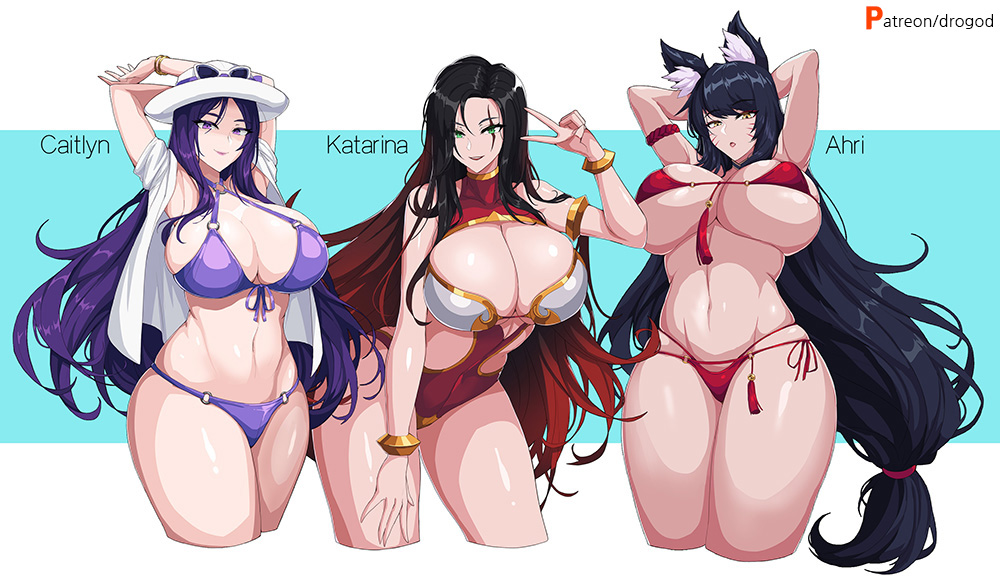 2020 3girls ahri big_breasts bikini caitlyn_kiramman drogod_(artist) katarina_du_couteau league_of_legends long_hair lunar_new_year lunar_revel_series multiple_girls pool_party_caitlyn purple_bikini red_bikini riot_games swimsuit v vastaya voluptuous warring_kingdoms_katarina white_hat wide_image year_of_the_goat