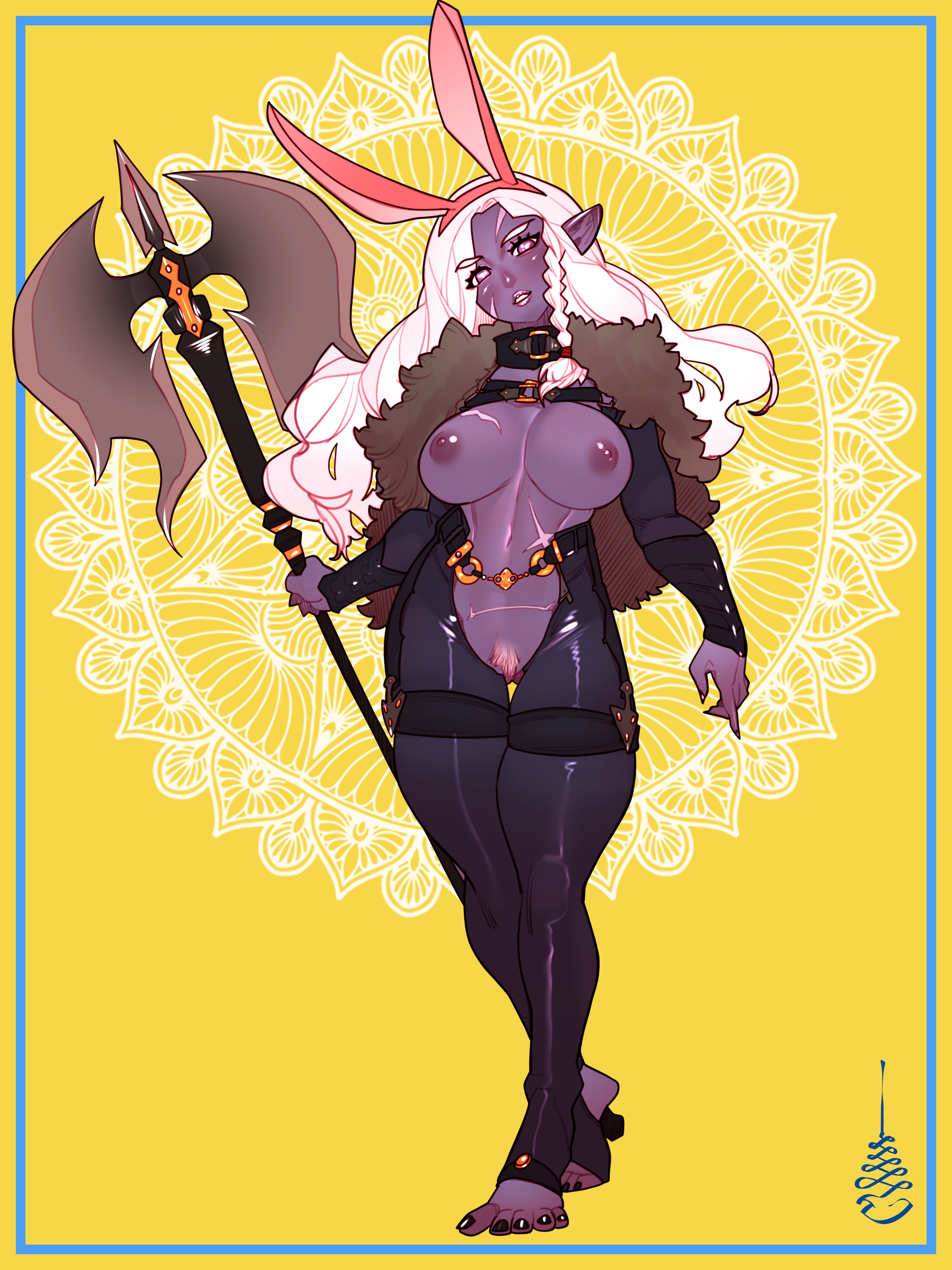 1girls, abstract background, barefoot, bodysuit, breasts, bunny ears, cheunchin, female, full body, huge breasts, long hair, looking at viewer, nyx (cliffpadfoot), open bodysuit, pubes, purple skin, scar, solo, standing, warrior, weapon, white hair, yellow background