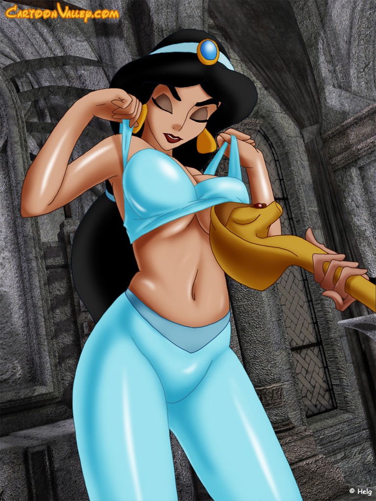 1boy, 1girls, aladdin, arabian clothes, breasts, cartoonvalley.com, disney, disney princess, female, harem outfit, helg, jafar, male, princess jasmine, undressing