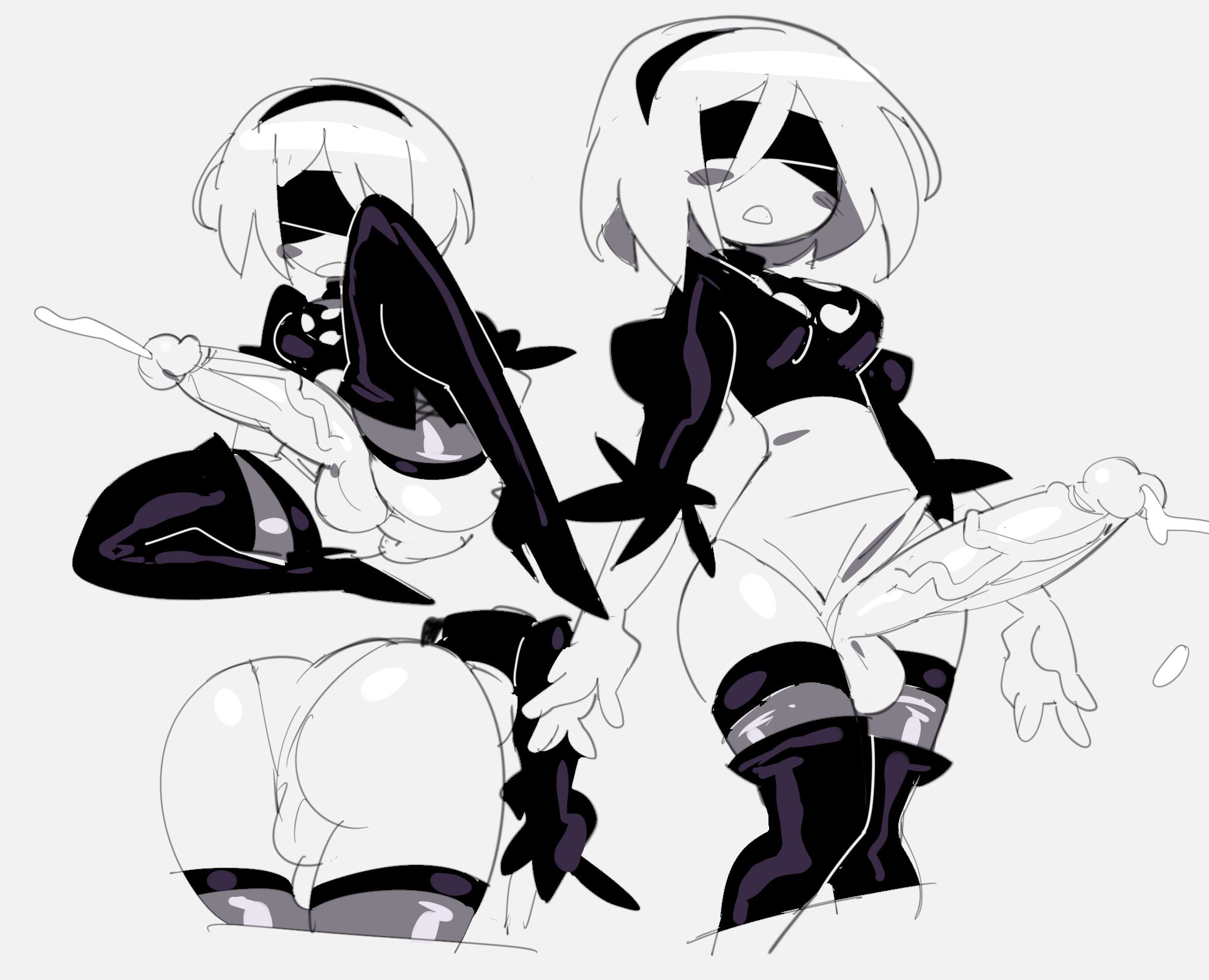 1futa, android, ass, balls, blush, boots, cum, dickgirl, ejaculation, fully clothed, futa only, futanari, glassrunner, intersex, long penis, monochrome, nier, nier: automata, penis, sketch, testicles, thick penis, thighs, veiny penis, white background, white hair, yorha 2b