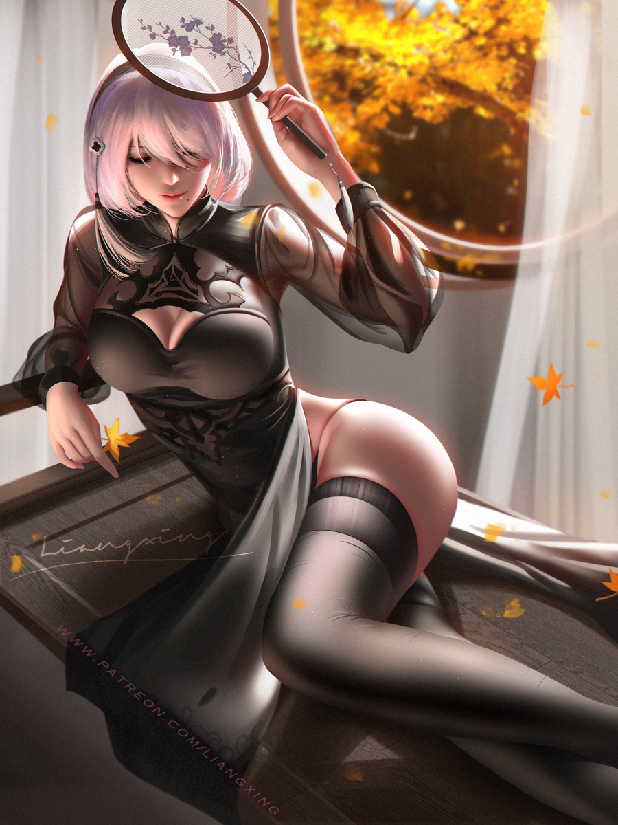 ass, black legwear, female, liang xing, nier: automata, thighhighs, white hair, yorha 2b
