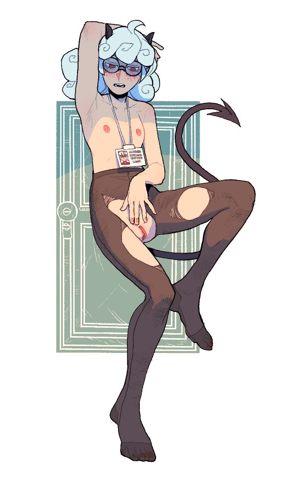 1girls, areolae, arm above head, arm up, armpit, armpits, bare shoulders, breasts, curly hair, demon, demon girl, demon horns, demon tail, female, female only, flat chest, full body, glasses, hairless pussy, half-closed eyes, helltaker, horns, id card, light skin, light-skinned female, long hair, looking pleasured, masturbation, name tag, necklace, nipples, no bra, no panties, nononojust, open mouth, pandemonica (helltaker), pantyhose, pleasure face, pose, pussy, red eyes, round glasses, shaved pussy, small breasts, solo, tail, toes, topless, torn clothes, torn clothing, torn pantyhose, uncensored, white hair, white skin